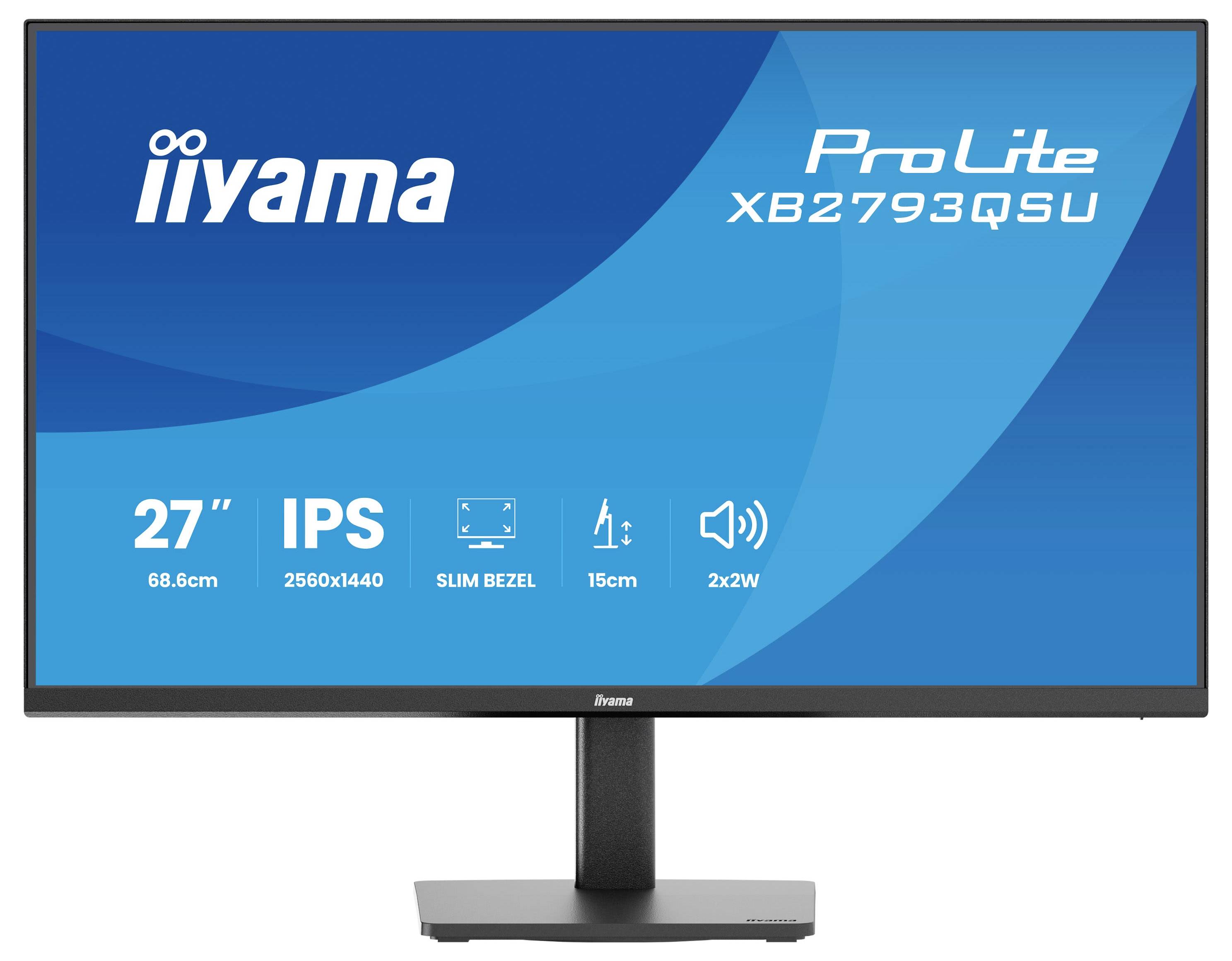 Monitor mit Text "iiyama ProLite XB2793QSU". Er verfügt über ein 27"-Display, 2560x1440-Auflösung, IPS-Panel, schlanken Rahmen und 2x2W-Lautsprecher.