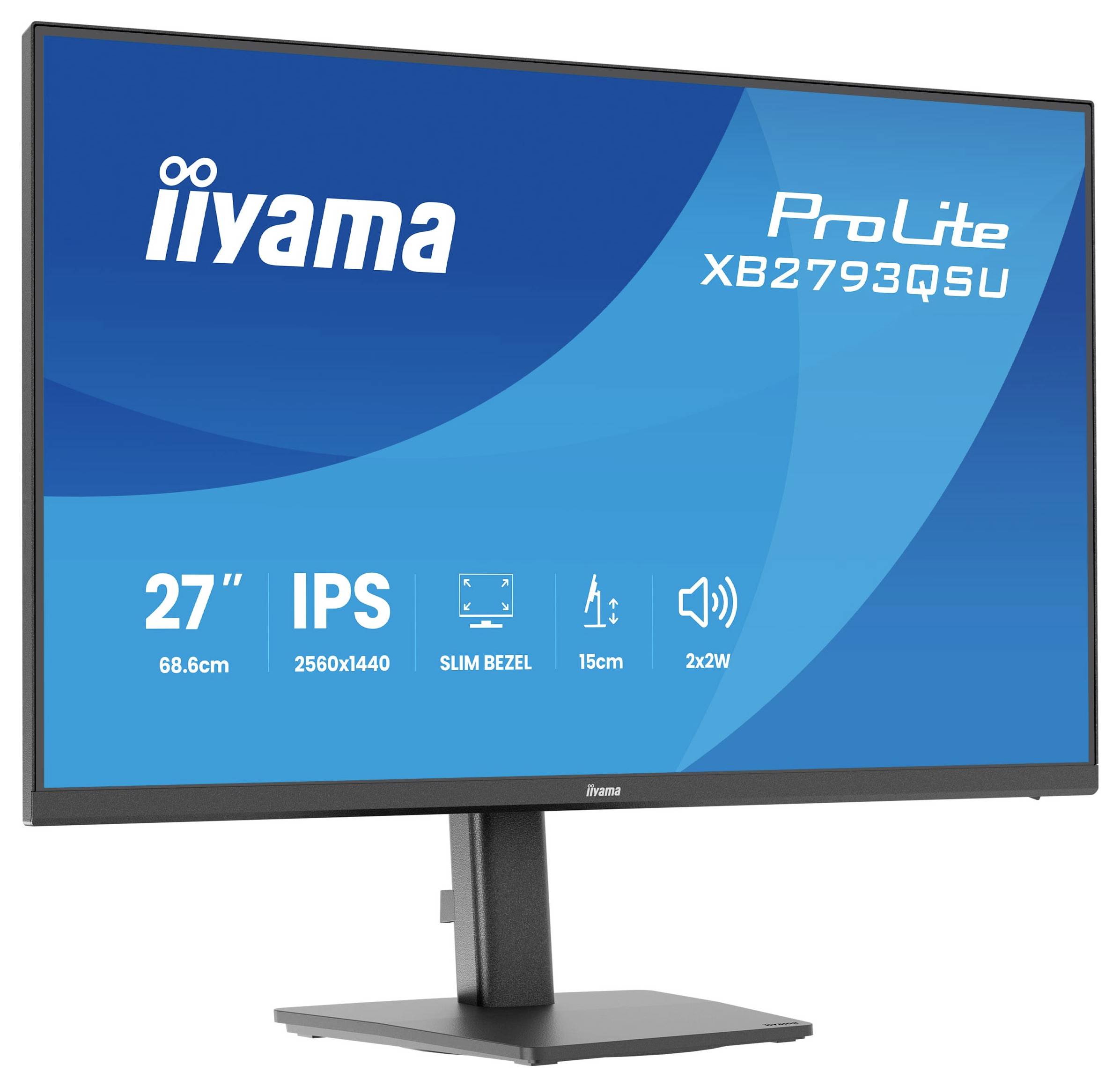 Monitor mit Anzeige 'iiyama ProLite XB2793QSU', mit 27-Zoll-Bildschirm, 2560x1440 Auflösung, schmalen Rahmen und 2x2W Lautsprechern.