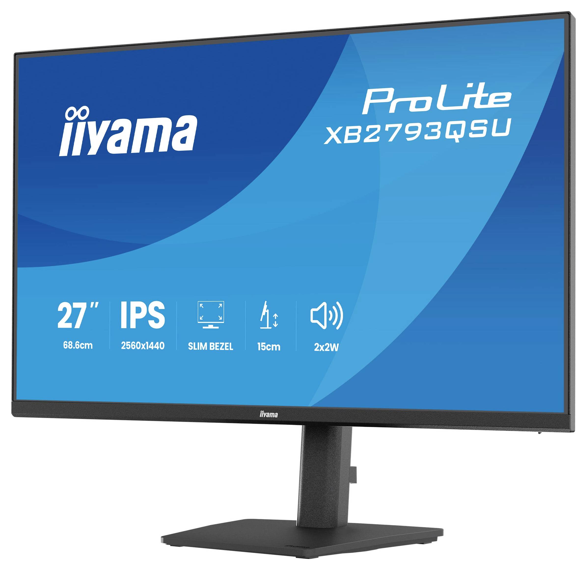 Ein Monitor mit seinen Funktionen: "iiyama ProLite XB2793QSU". Zu den Hauptmerkmalen gehören ein 27-Zoll-IPS-Bildschirm, 2560x1440-Auflösung und dünne Rahmen.