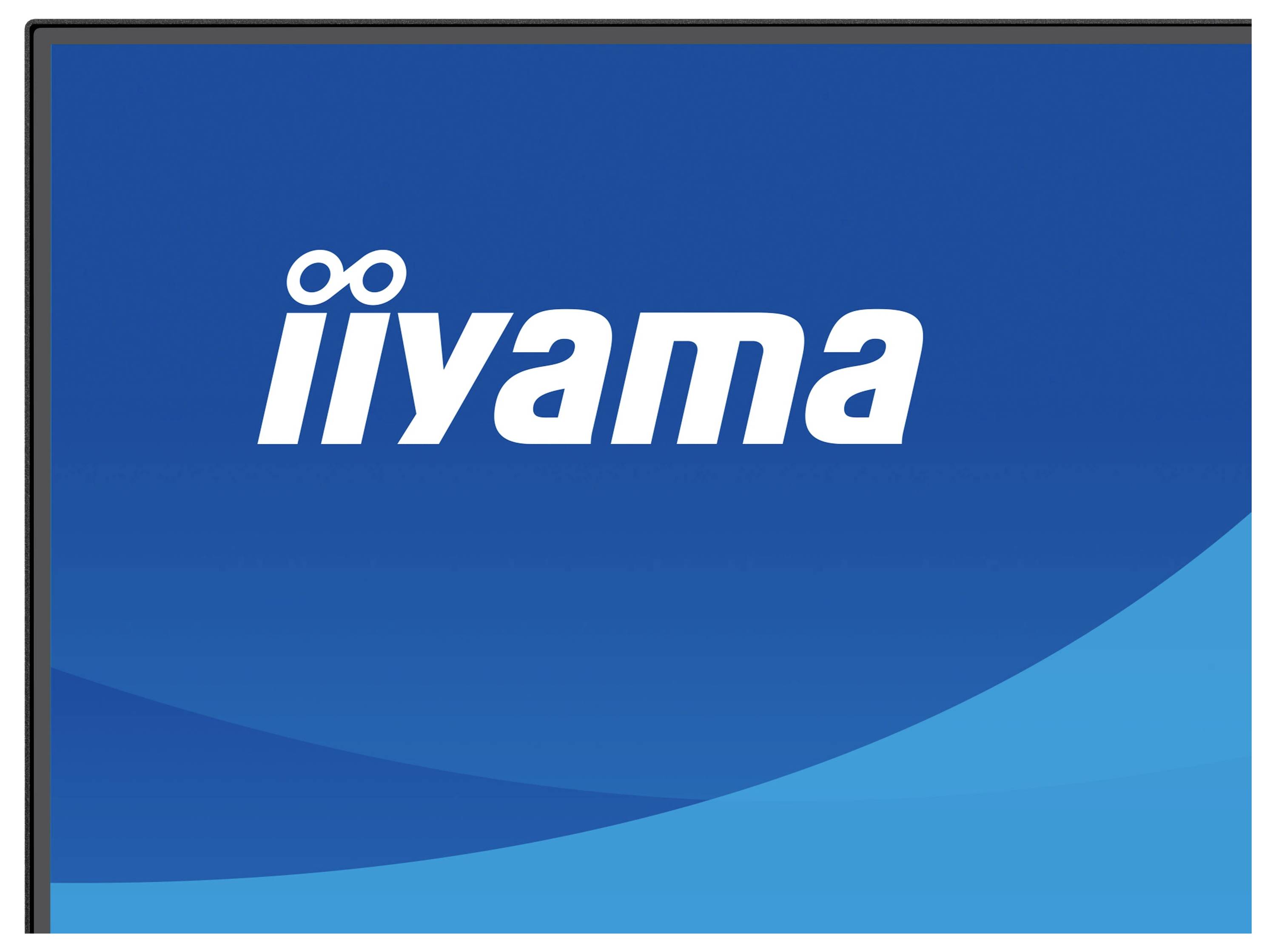Das Bild zeigt das iiyama-Logo auf blauem Hintergrund mit einem geschwungenen Design.
