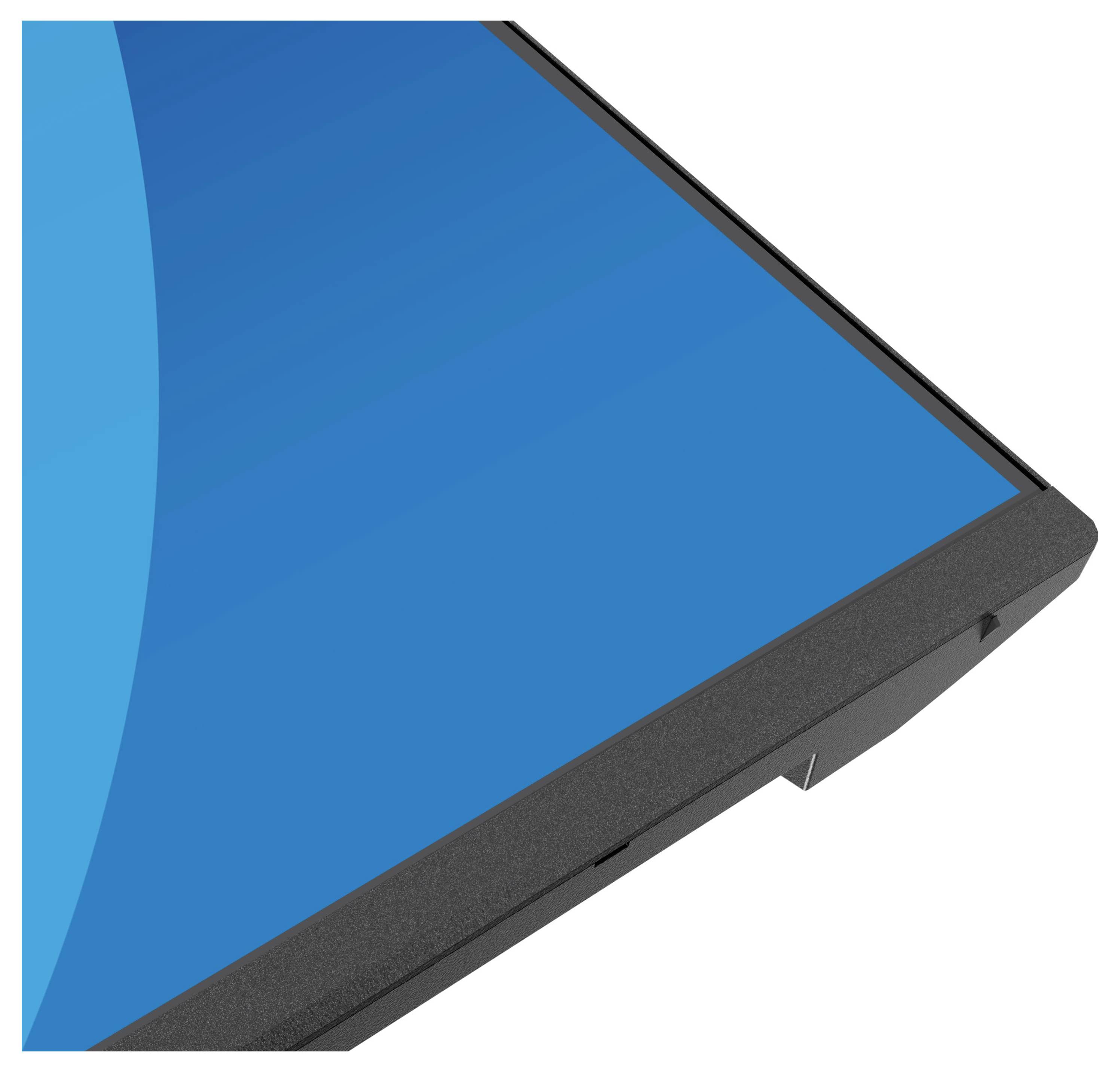 Rand eines Computerbildschirms mit einem blauen Bildschirm und einem gekrümmten Designelement. Der Monitor hat einen eleganten, modernen Rahmen.