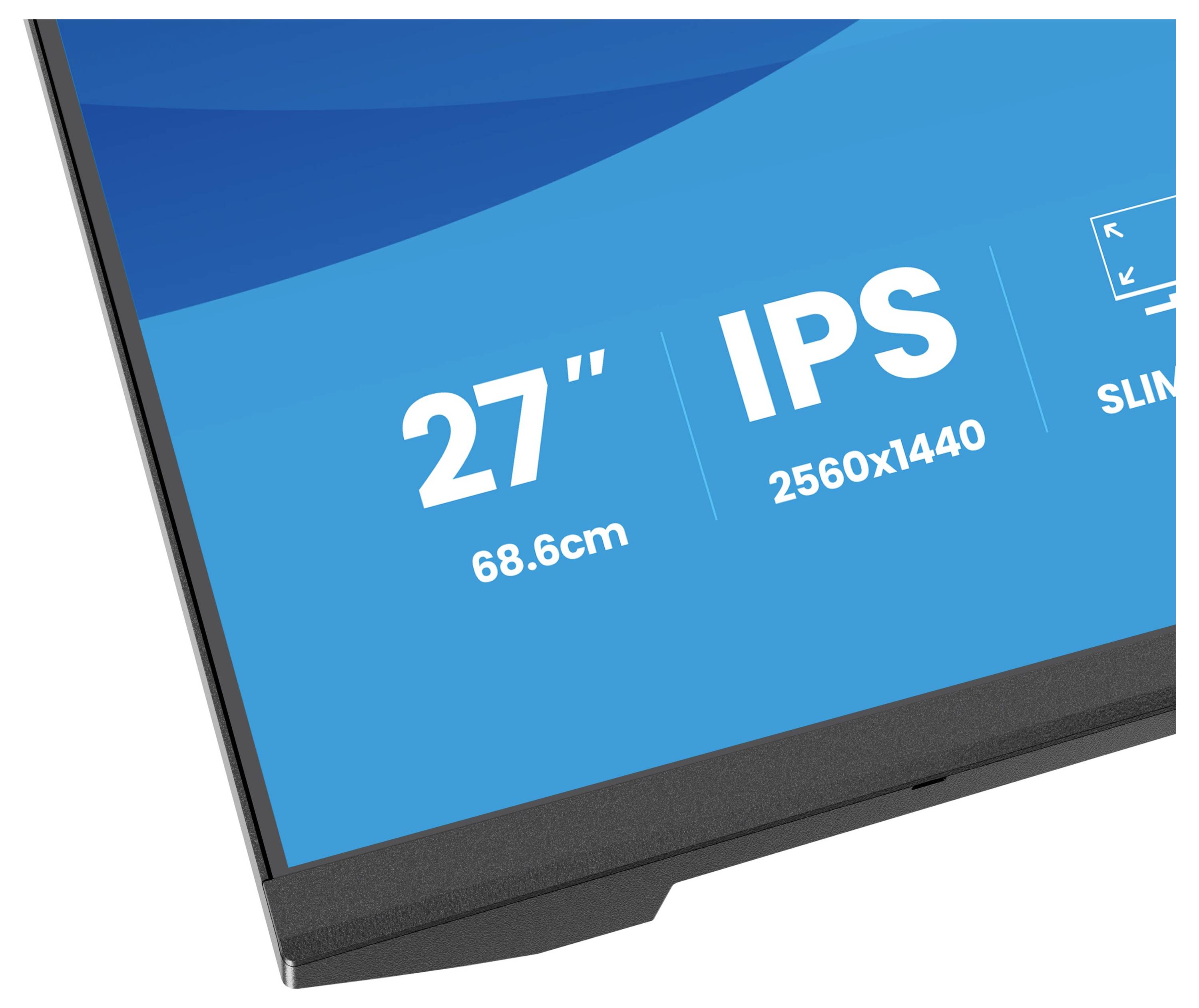 Iiyama ProLite XB2797QSU Monitor mit folgenden Spezifikationen: 27" IPS-Display, 2560x1440 Auflösung, schmaler Rahmen, 15 cm Verstellung, 2x2W Lautsprecher.