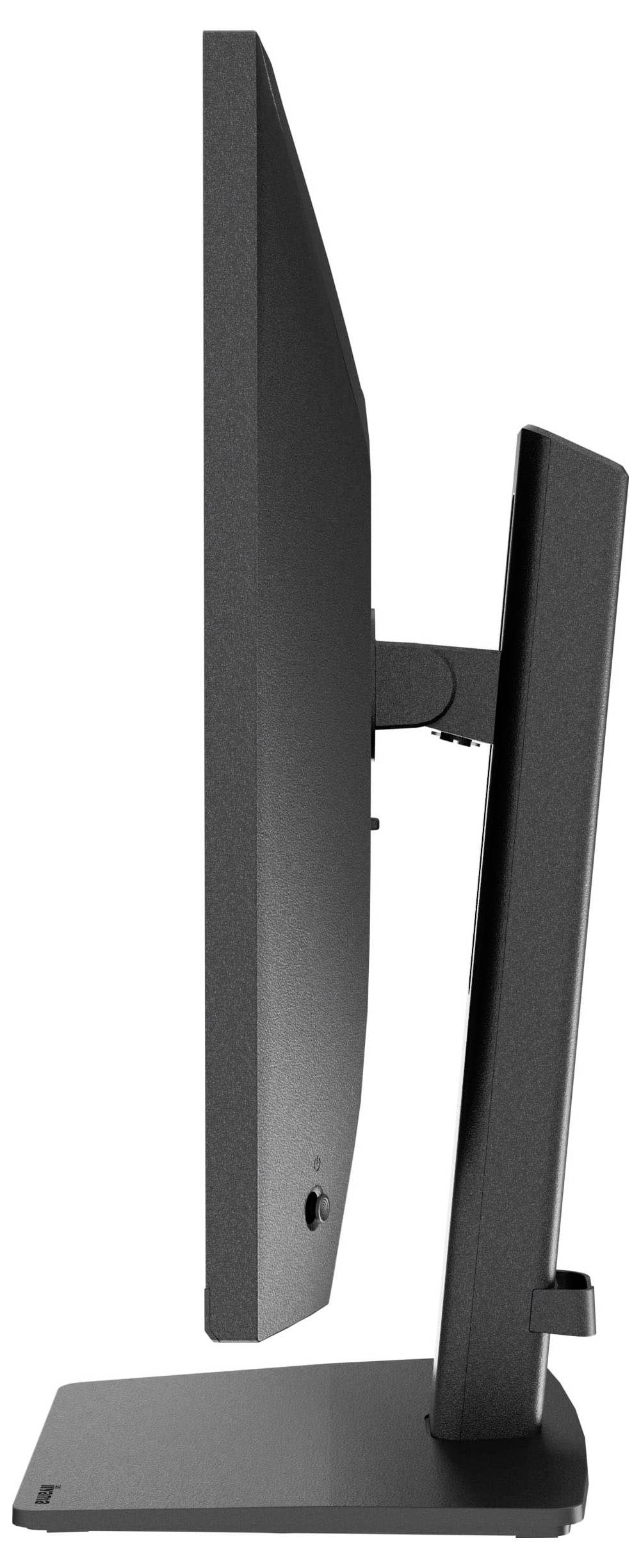 Seitenansicht eines schlanken, schwarzen Computermonitors auf einem Ständer.
