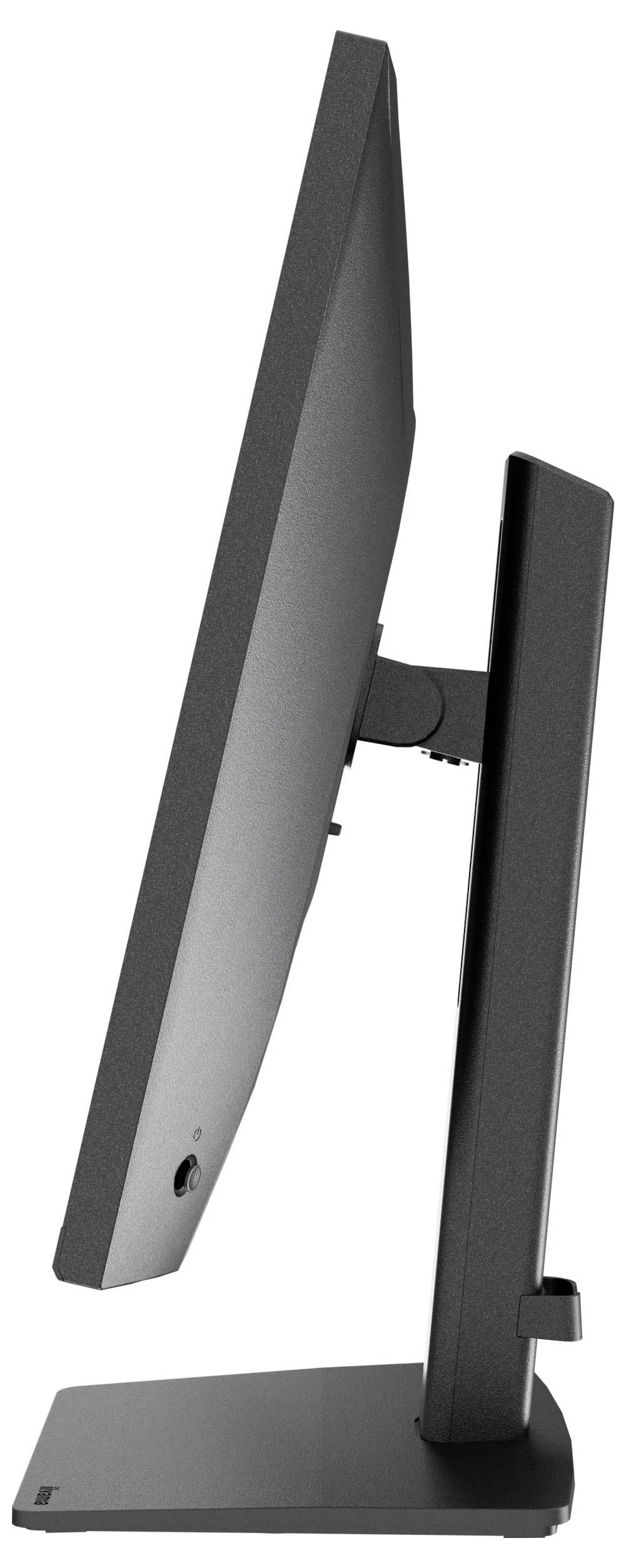 Seitenansicht eines eleganten schwarzen Monitors mit schlankem Profil auf einem stabilen Ständer, wobei das moderne Design hervorgehoben wird.