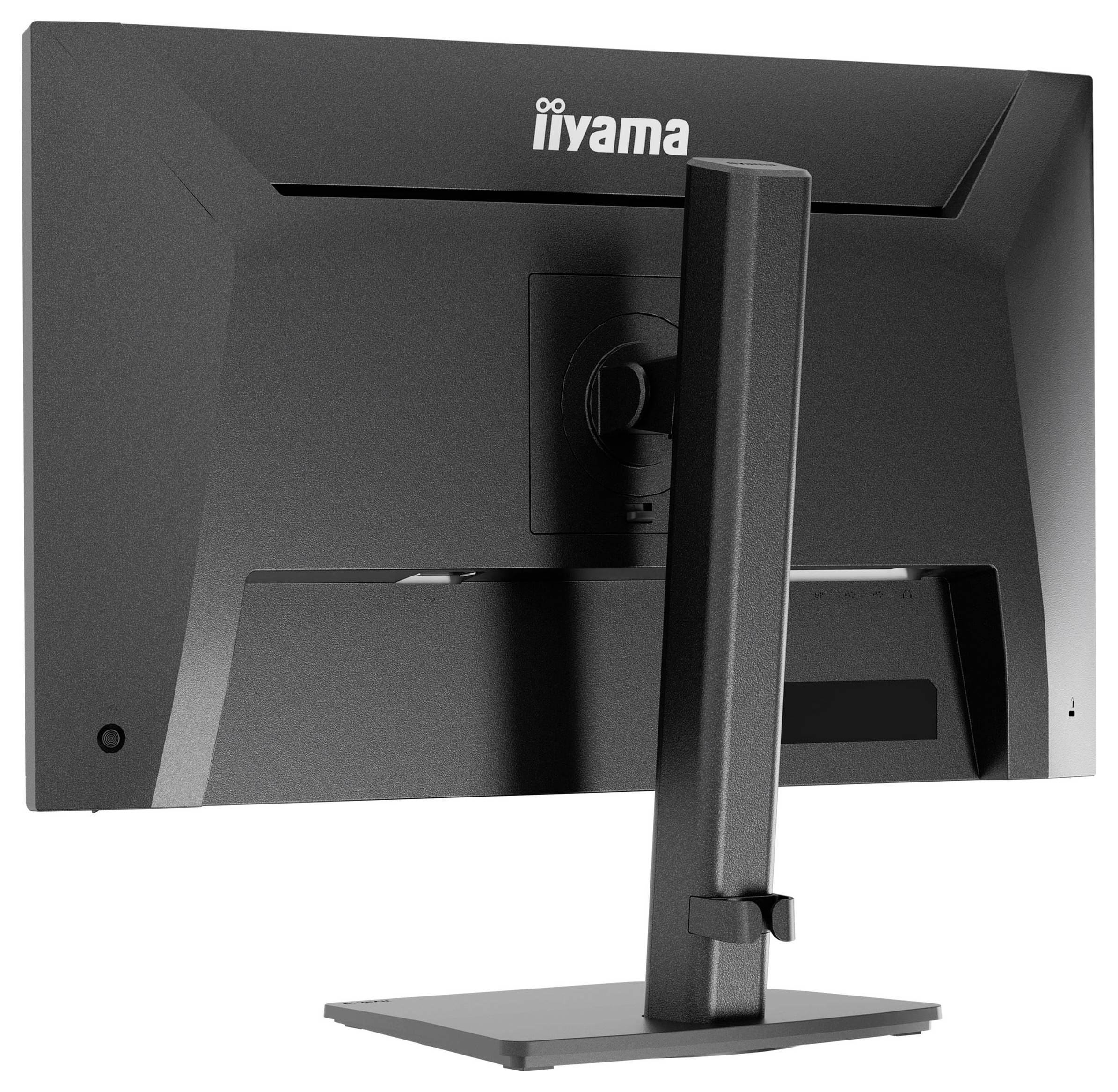 Das Bild zeigt die Rückseite eines Iiyama-Monitors mit einem stabilen, verstellbaren Ständer und einer Kabelführungsfunktion, die für ergonomische Nutzung konzipiert ist.