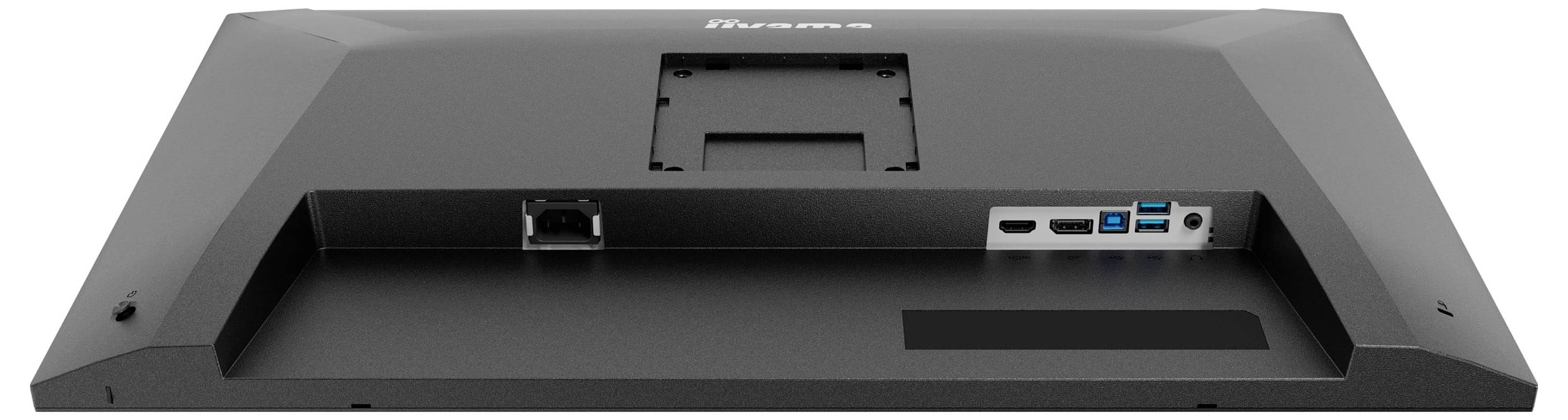 Rückansicht eines Monitors mit HDMI-, DisplayPort-, USB-Anschlüssen und einem Stromverbindungsstecker, mit einem Montagebracketbereich in der Mitte.