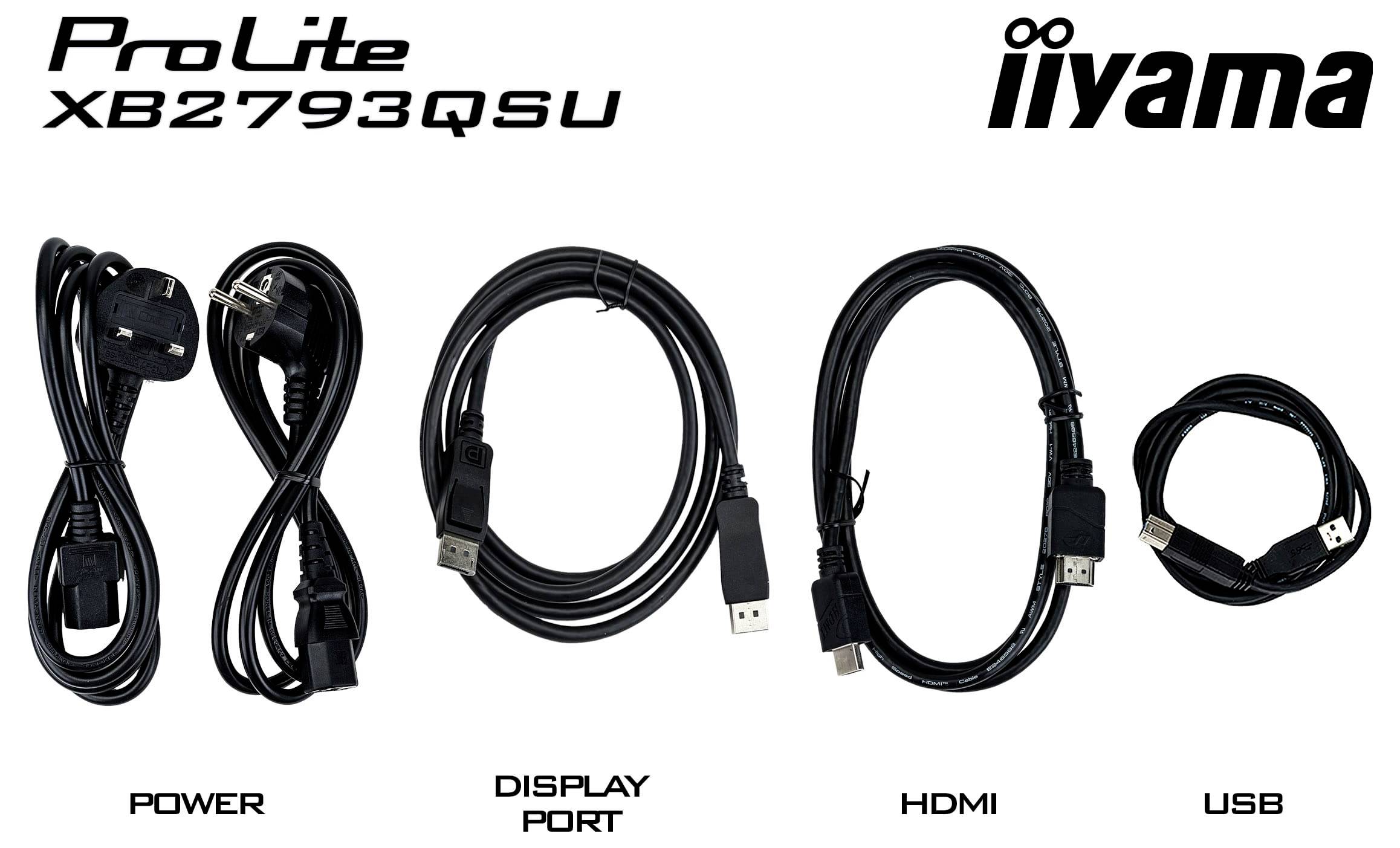 Kabel für "iiyama ProLite XB2793QSU" einschließlich Stromversorgung, Display Port, HDMI und USB werden angezeigt.