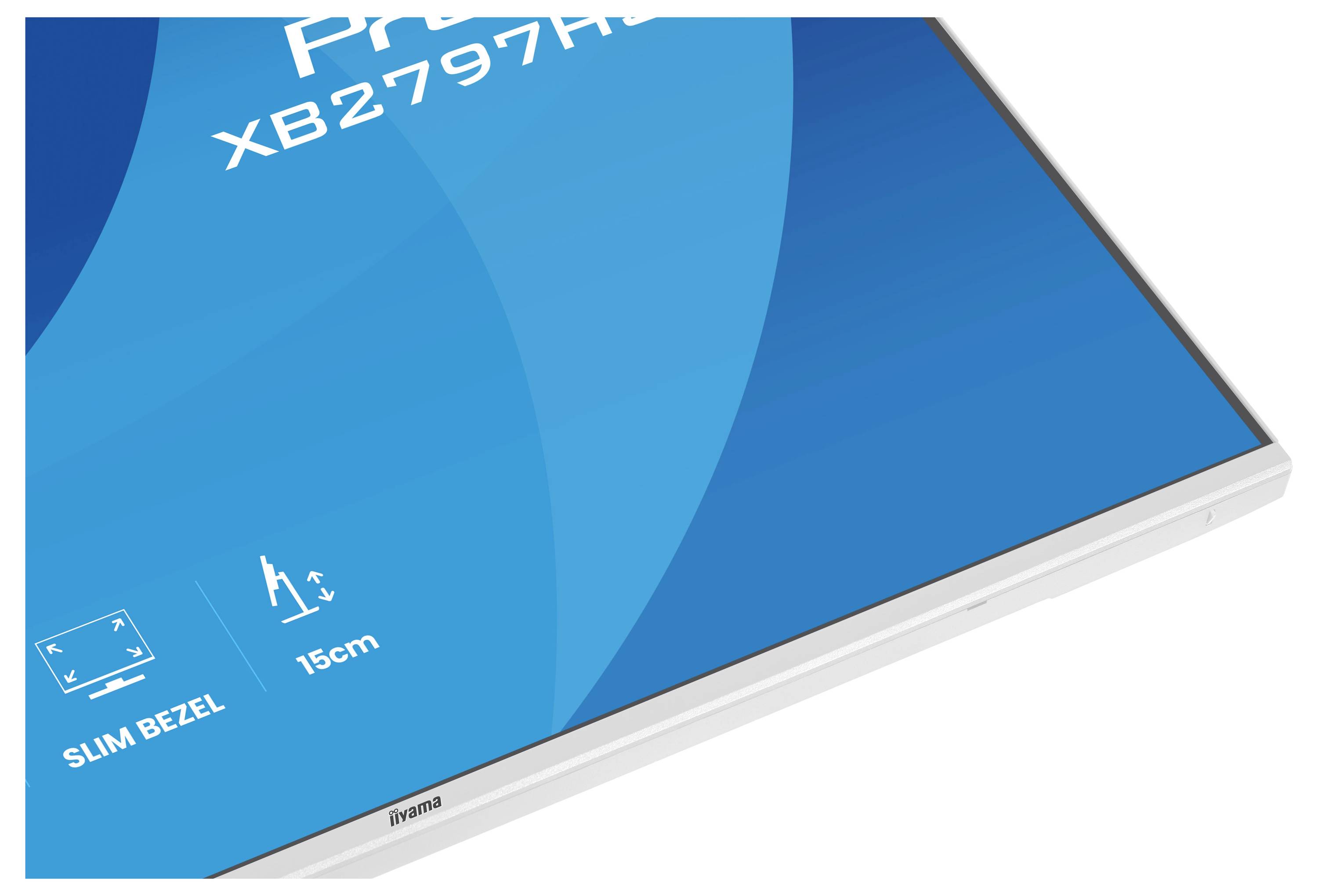 Eine Ecke eines Computermonitors mit schmalem Rahmendesign wird gezeigt. Der Text lautet: „Slim Bezel