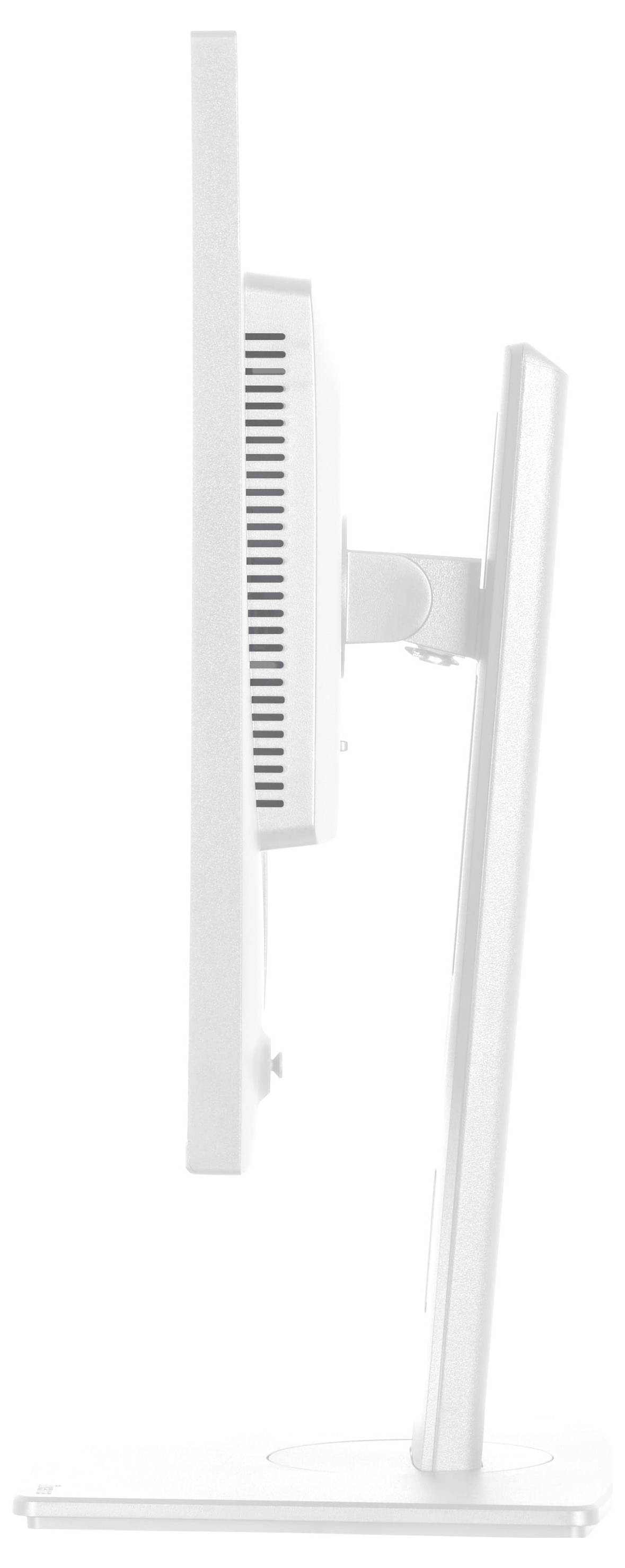 Dünne Seitenansicht eines weißen Computermonitors, die den Ständer und die Lüftungsschlitze zeigt und sein schlankes Design veranschaulicht.