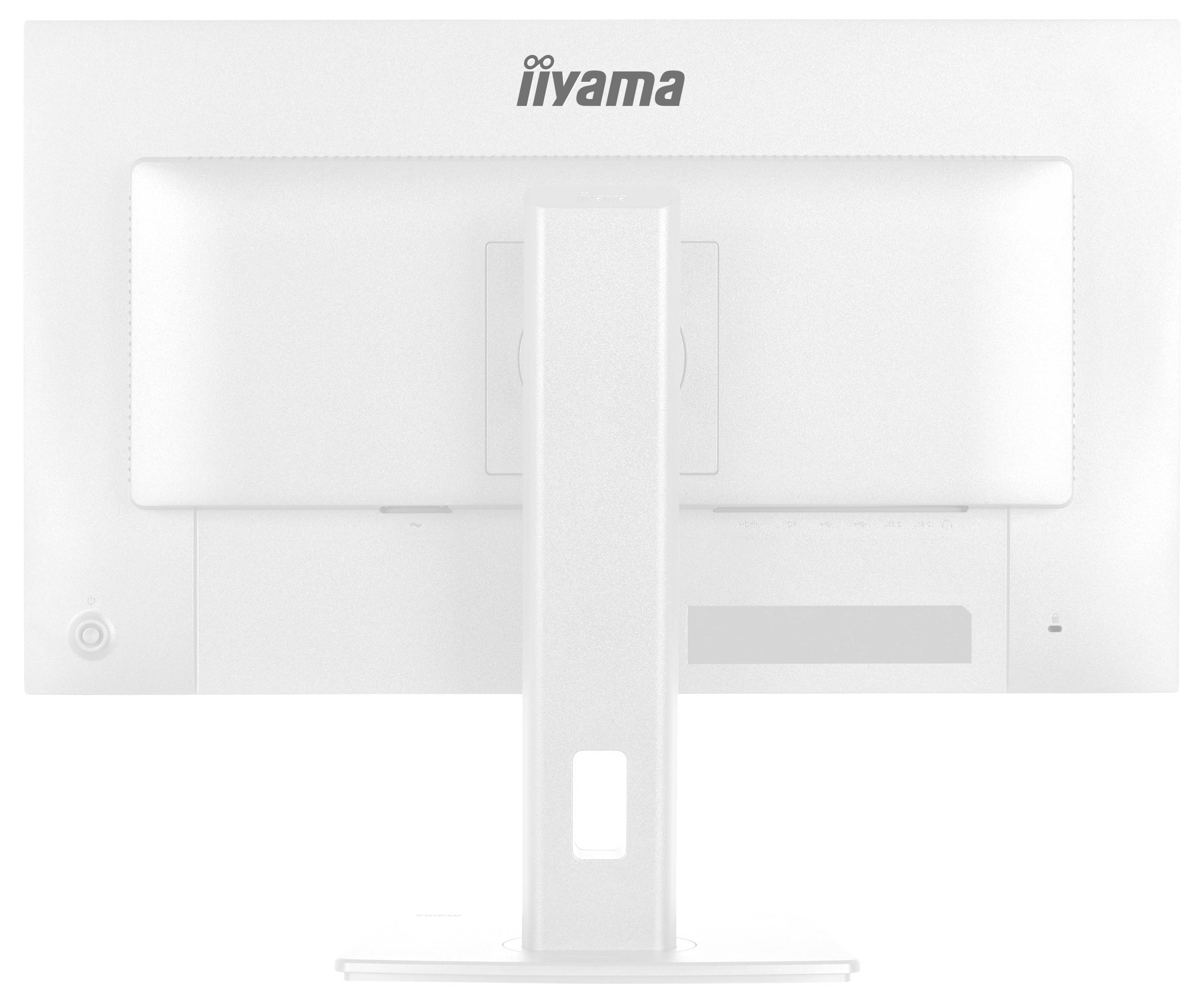Ein weißer Computermonitor von hinten betrachtet, mit dem Ständer und dem Markenlogo oben in der Mitte. Keine Kabel oder zusätzlichen Funktionen sichtbar.