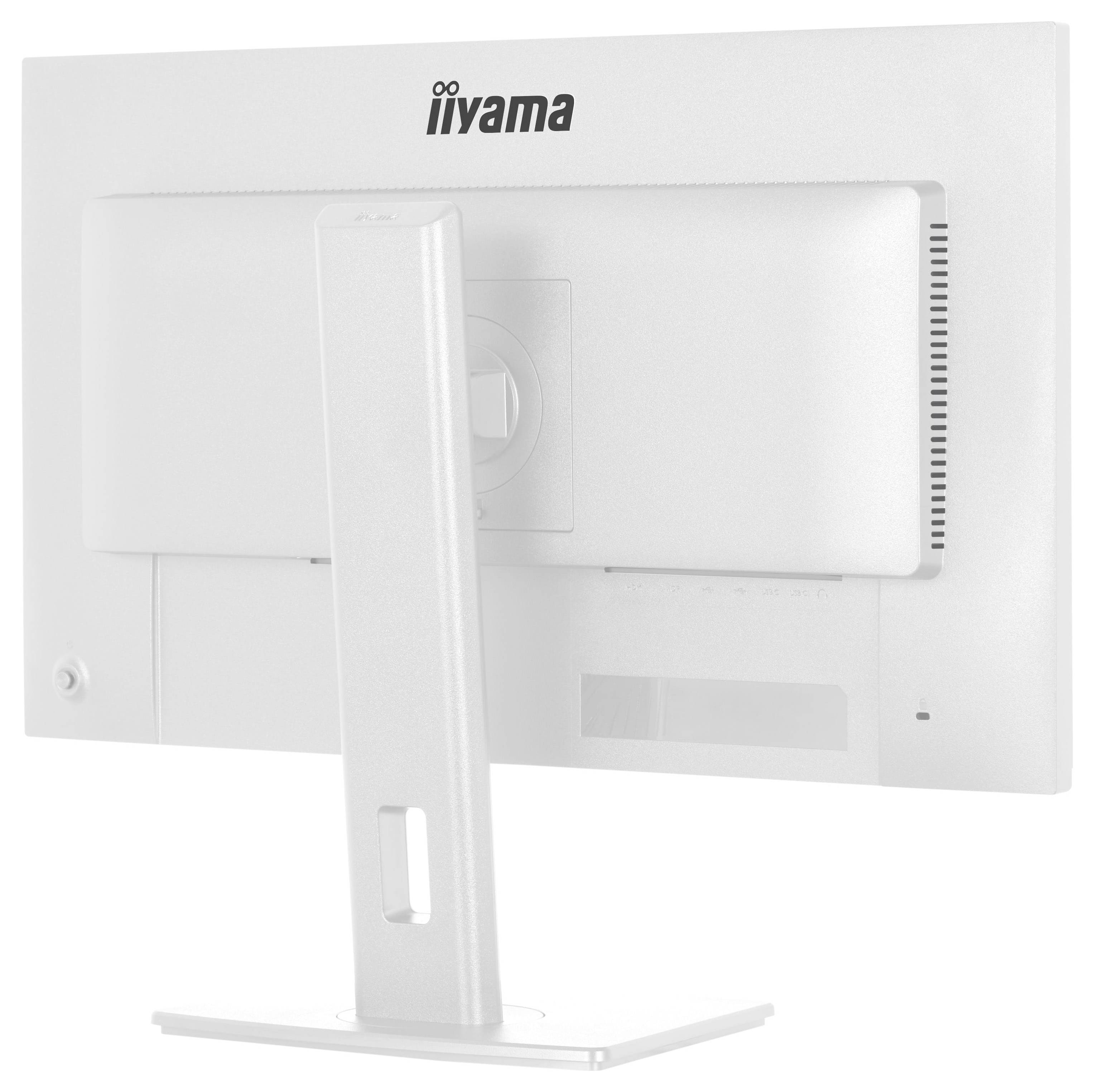 Rückansicht eines weißen Computermonitors auf einem Ständer, der die Marke 
