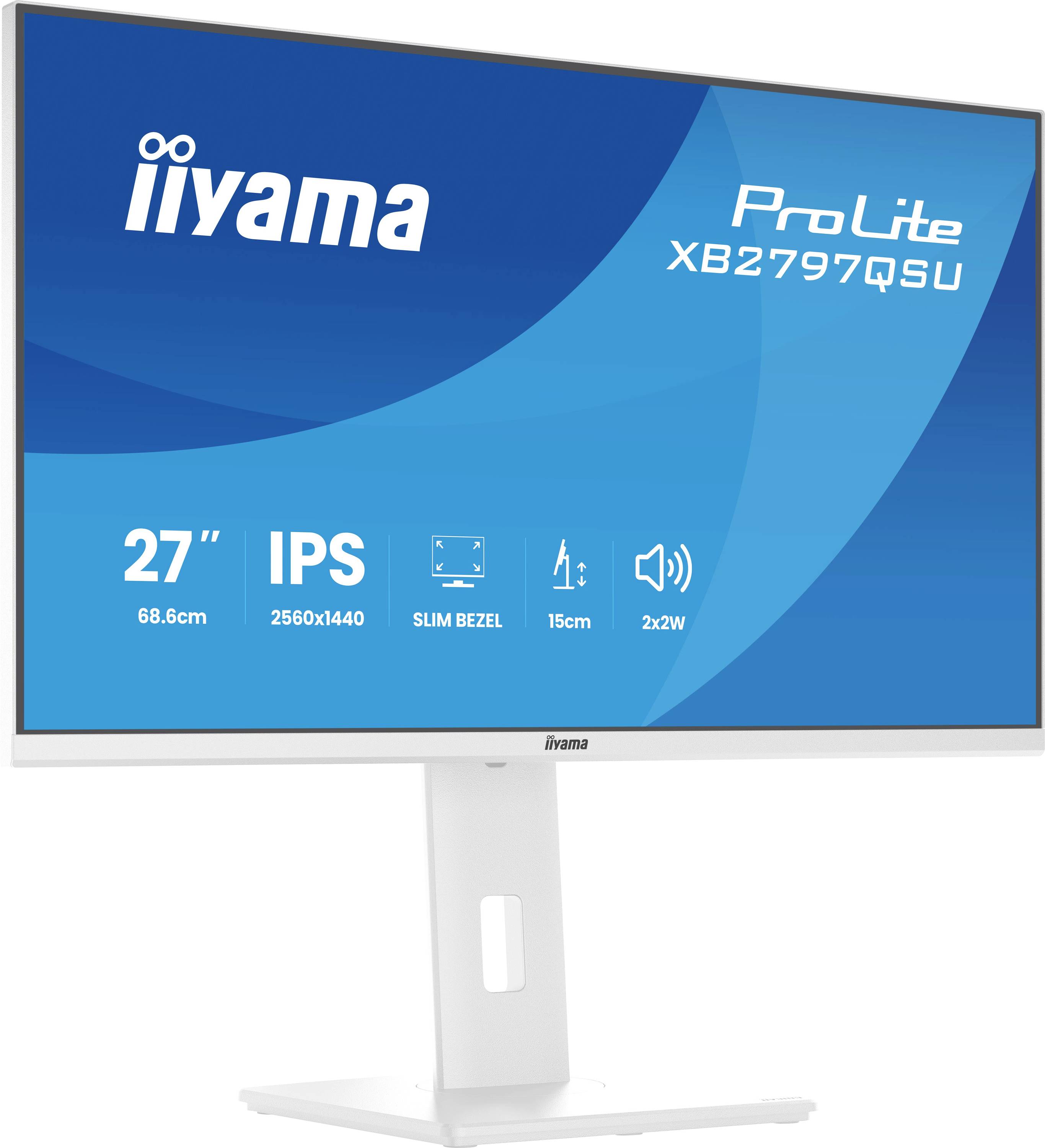 Ein 27-Zoll-iiyama-ProLite-Monitor in Weiß mit 2560x1440-Auflösung, IPS-Technologie, schmalem Rahmen, 15 cm Höhenverstellung und 2x 2W-Lautsprechern.