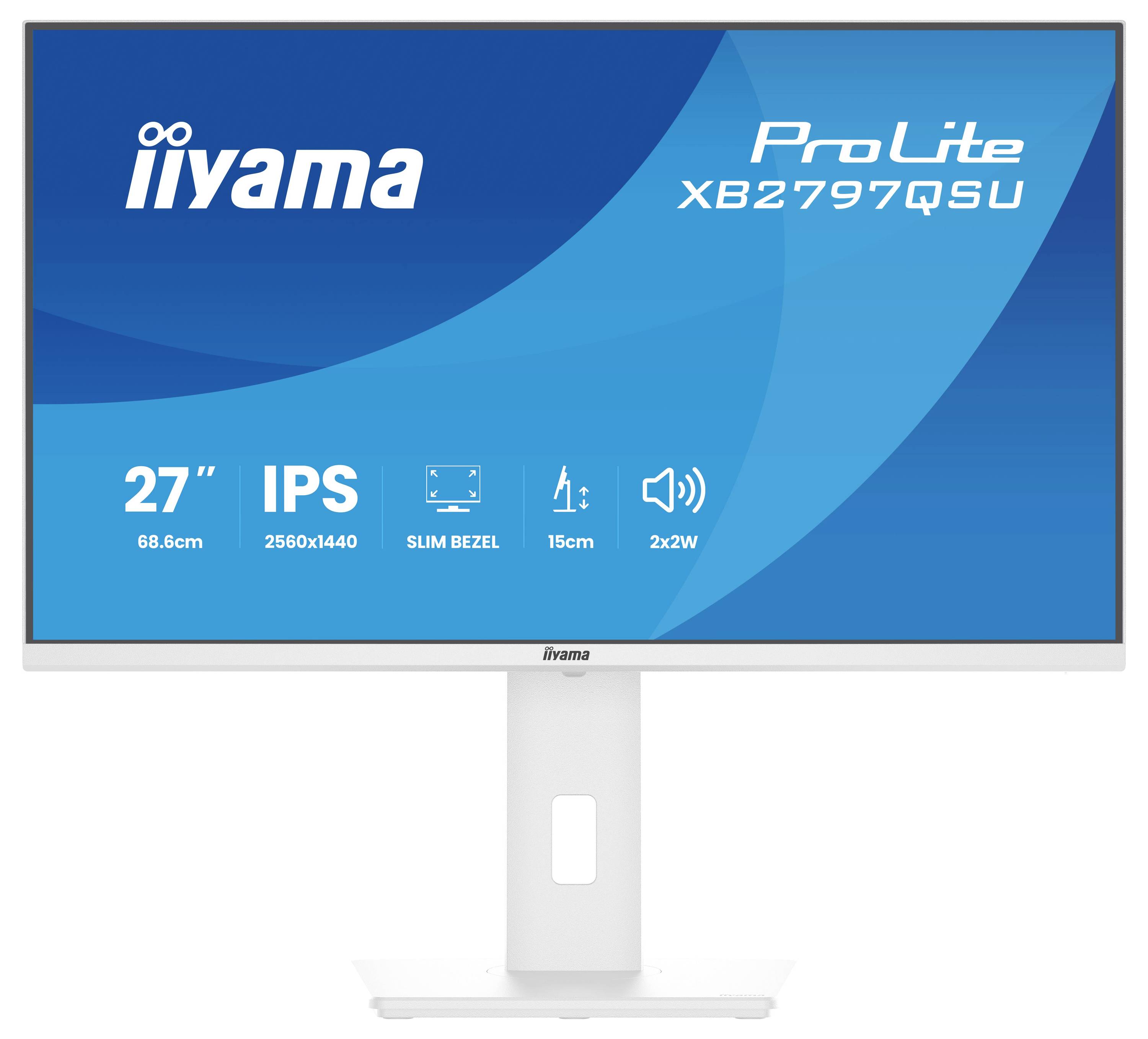 Iiyama ProLite XB2797QSU Monitor, 27 Zoll, IPS-Display, Auflösung 2560x1440, schmaler Rahmen, 15 cm Höhenverstellung, 2x2W Lautsprecher.