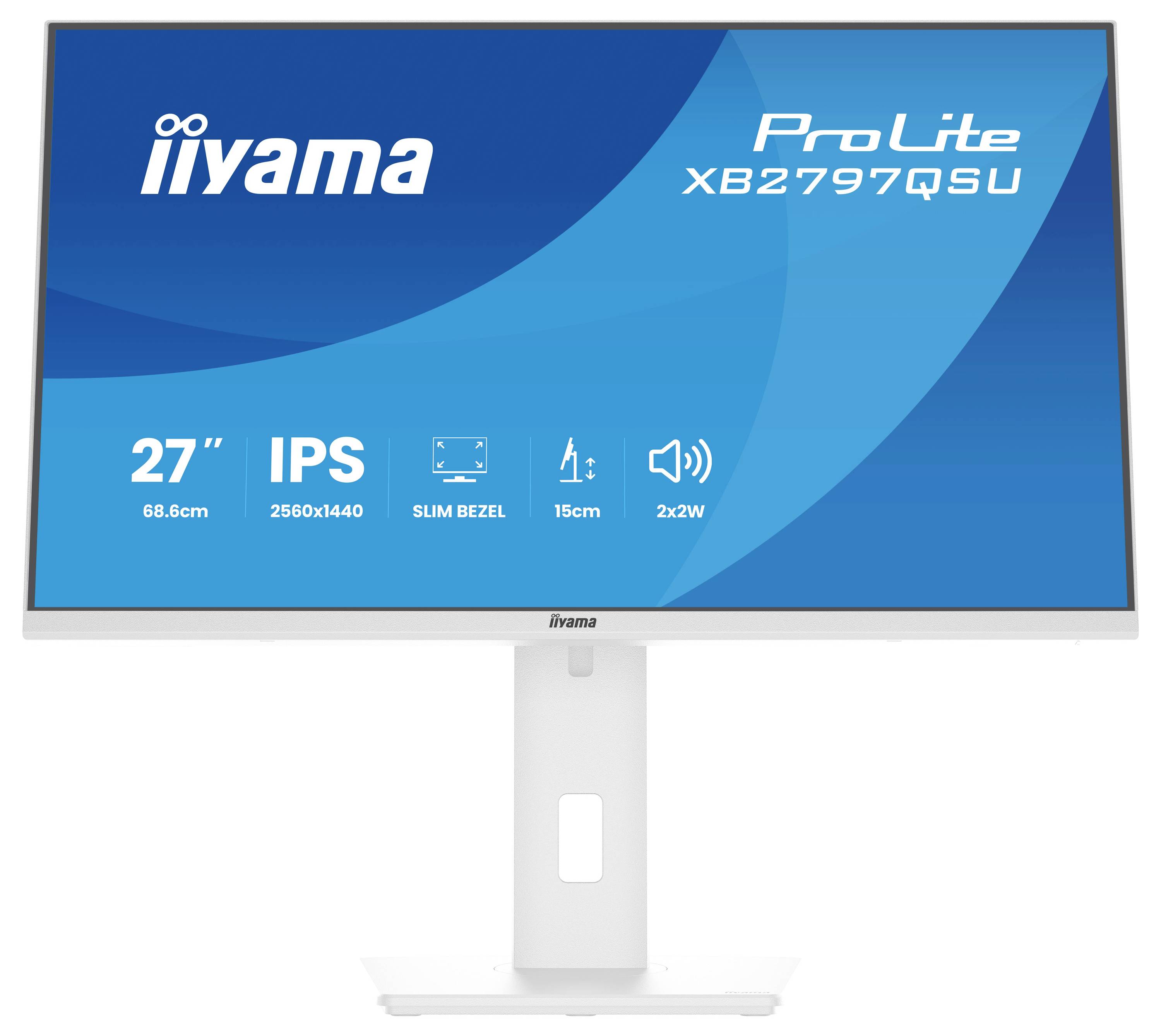 Iiyama ProLite XB2797QSU Monitor mit 27-Zoll-Bildschirm, 2560x1440 Auflösung, IPS-Panel, schmalem Rahmen und 2x2W Lautsprechern.