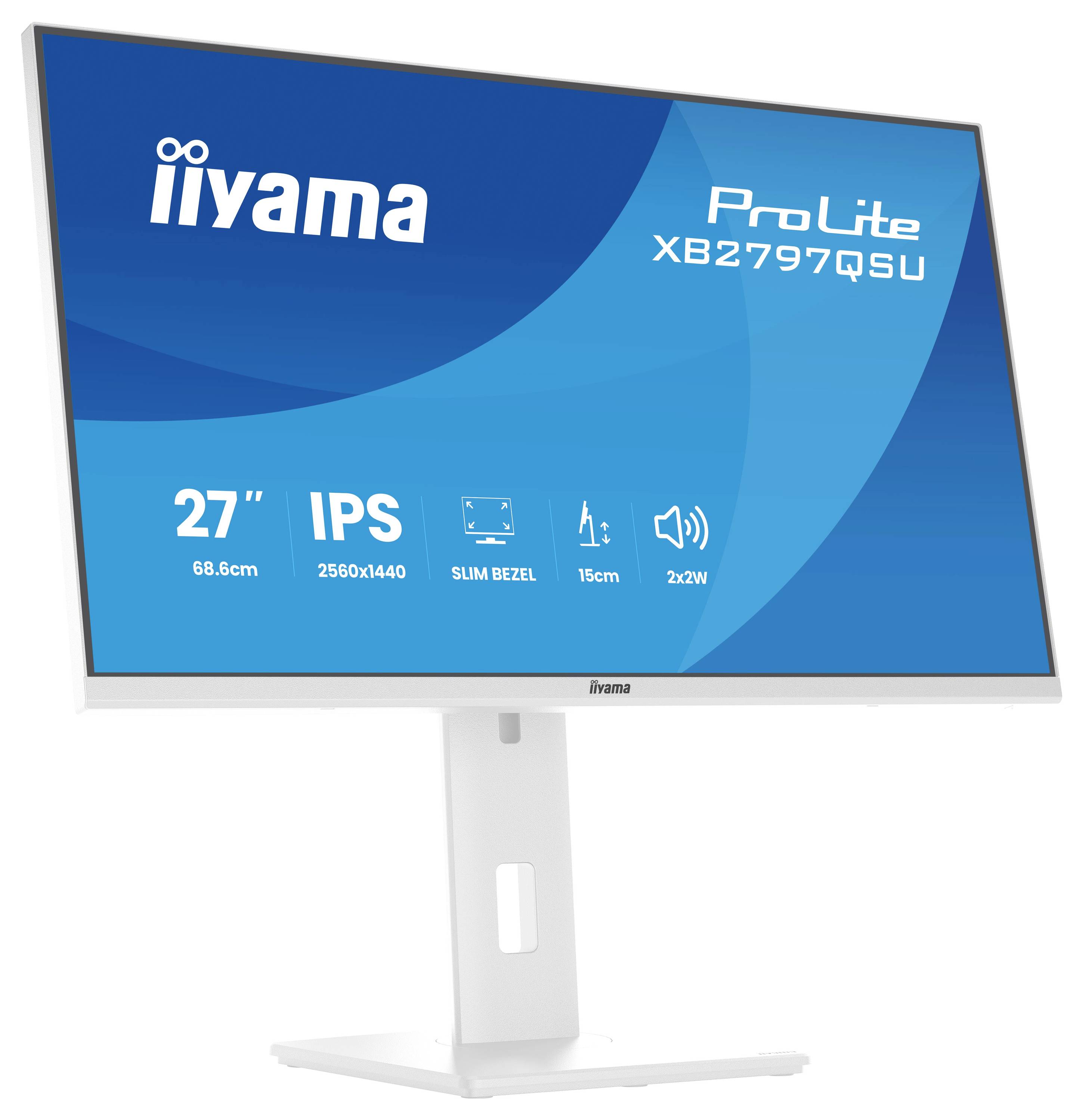 Iiyama ProLite Monitor, 27 Zoll IPS, 2560x1440 Auflösung, schmaler Rahmen, 15 cm verstellbare Höhe, 2x2W Lautsprecher, mit weißem Standfuß.