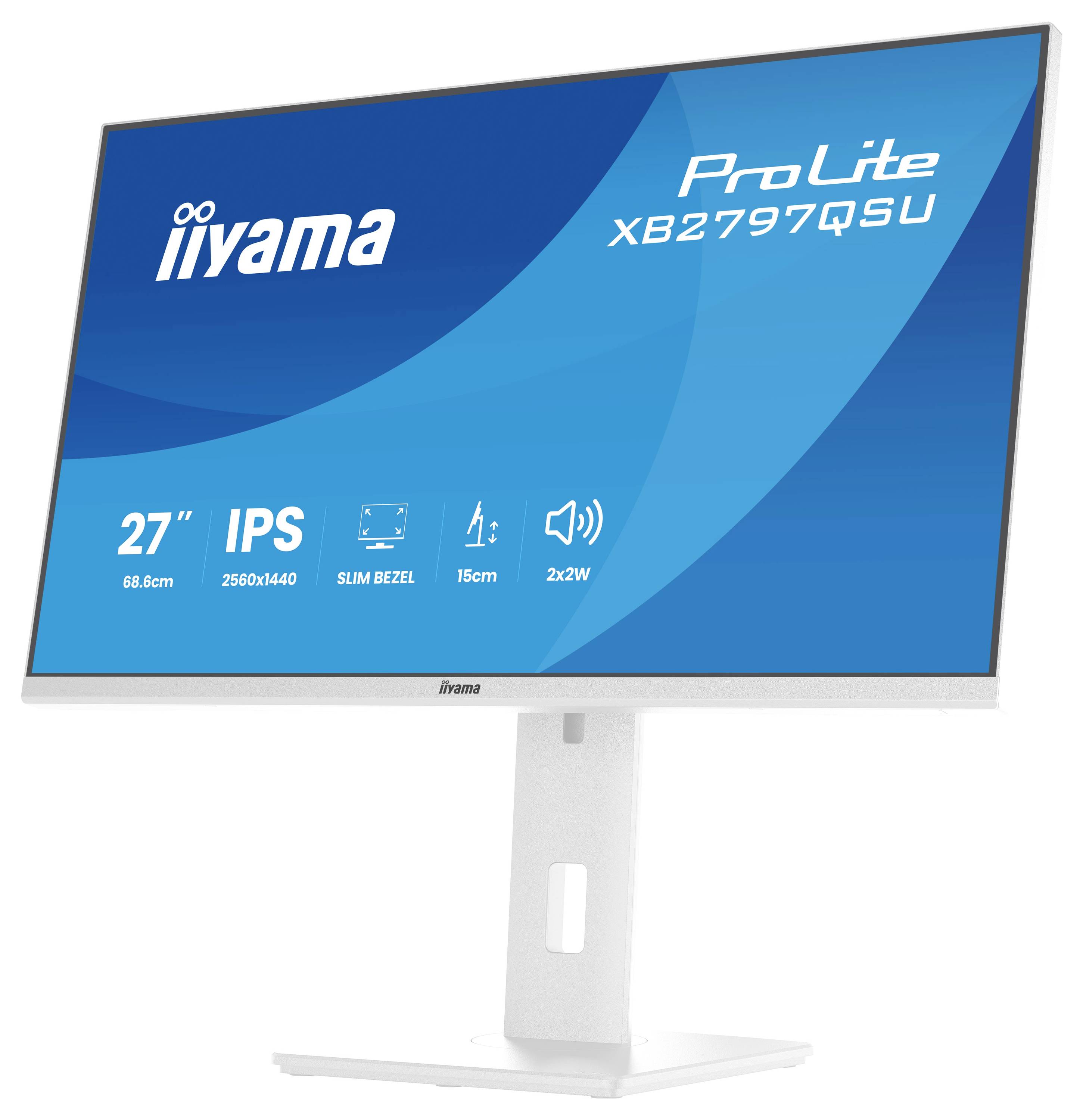 Ein 27-Zoll-Iiyama-ProLite-Monitor mit der Modellnummer XB2797QSU auf dem Bildschirm angezeigt. Die Funktionen umfassen IPS, 2560x1440-Auflösung, schmalen Rahmen und 2x2W-Lautsprecher.