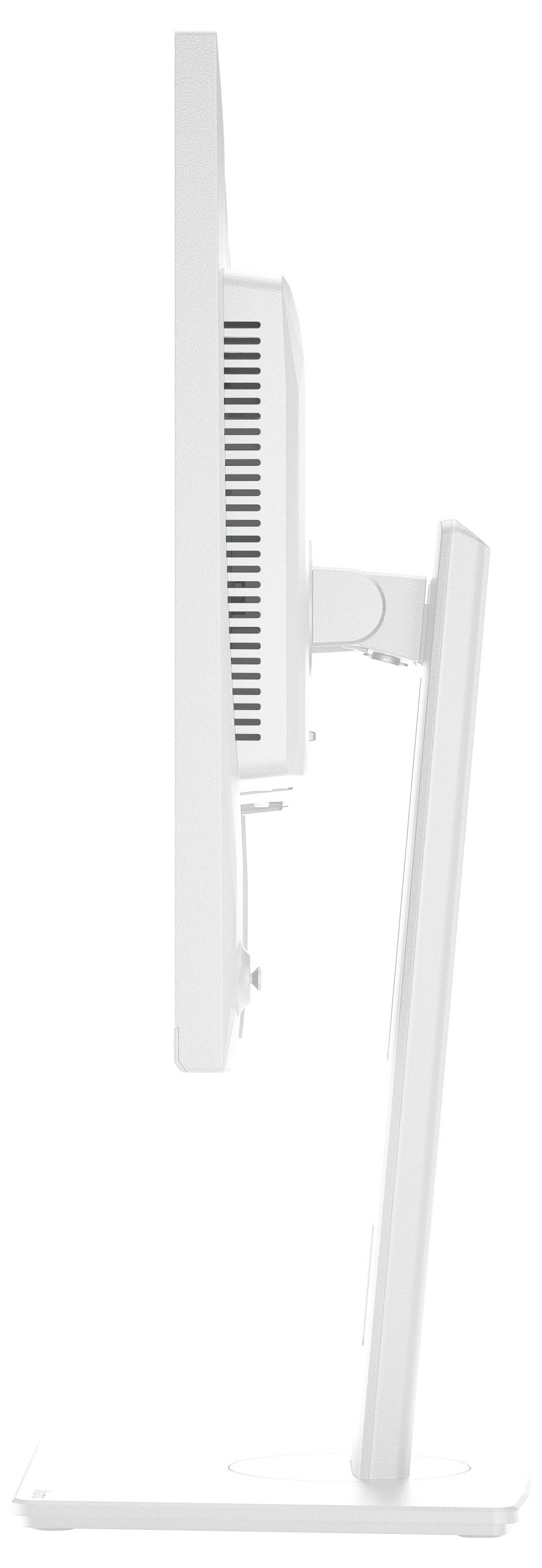 Seitenansicht eines modernen Computermonitors auf einem Ständer, der sein schlankes Design und die verstellbare Neigungs funktion zeigt.