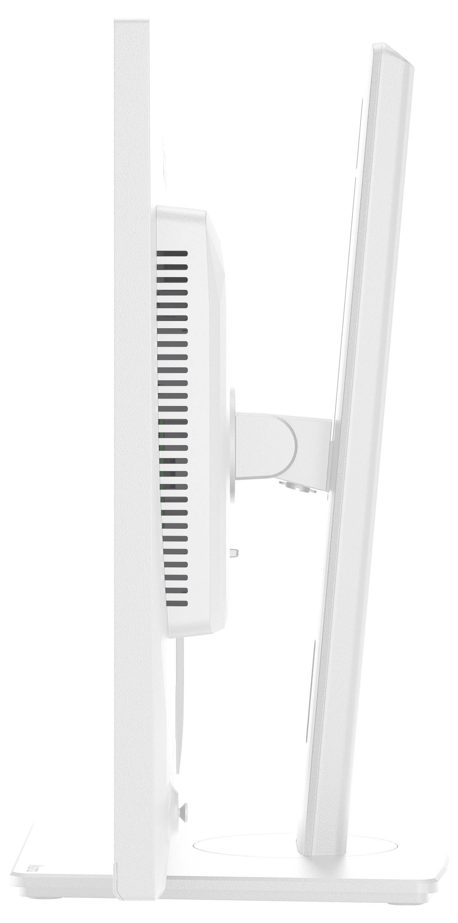 Seitenansicht eines flachen, weißen Computermonitors auf einem Ständer, der sein schlankes Profil und die belüftete Rückwand zeigt.