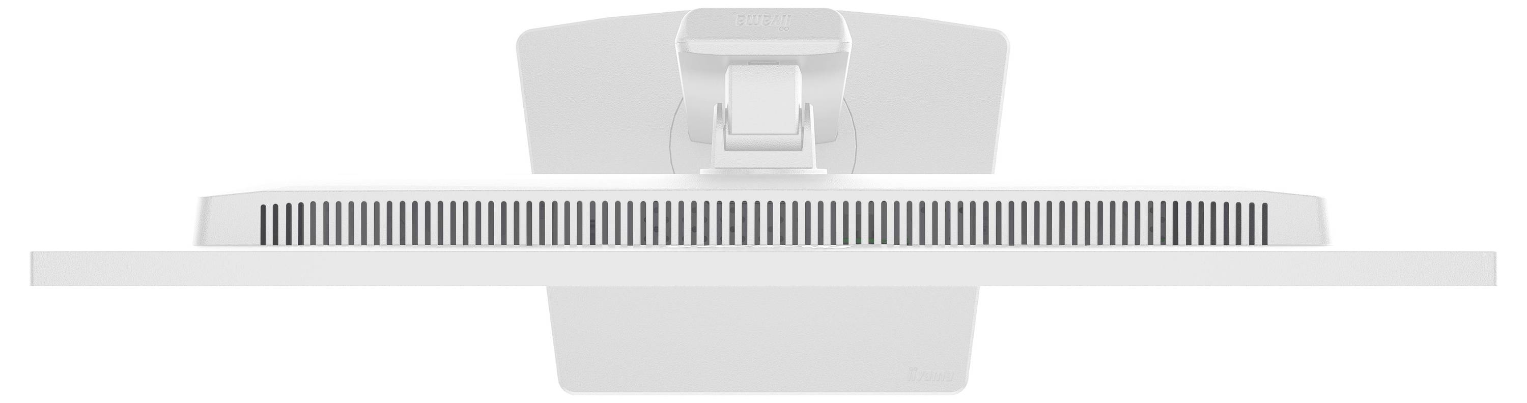 Eine Rückansicht eines schlanken, modernen Computermonitors, die den Ständer und das Lüftungsgitter zeigt und sein minimalistisches Design betont.