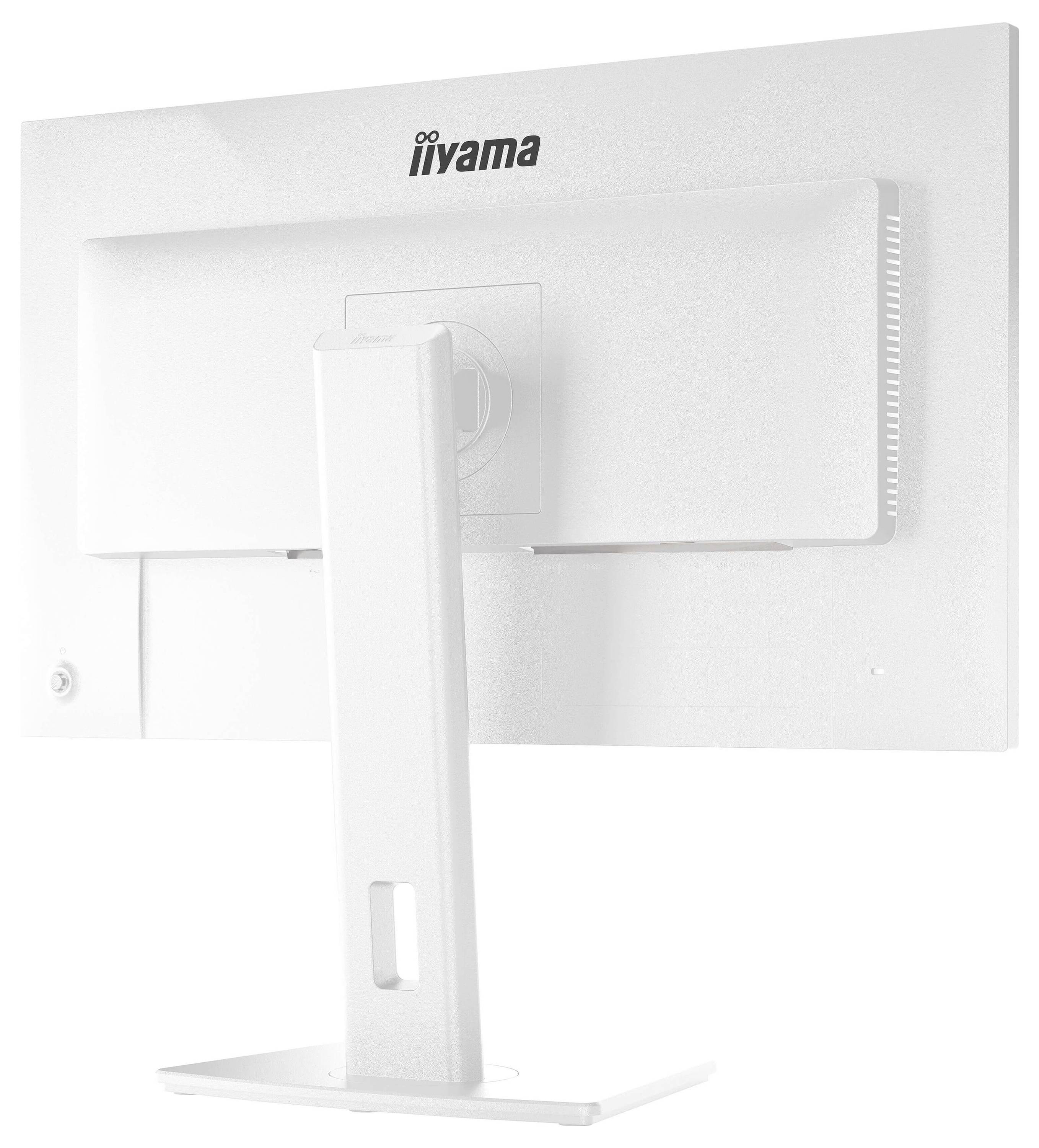 Ein von hinten betrachteter Flachbildschirm-Computermonitor, der das Gestell und den Markennamen „iiyama