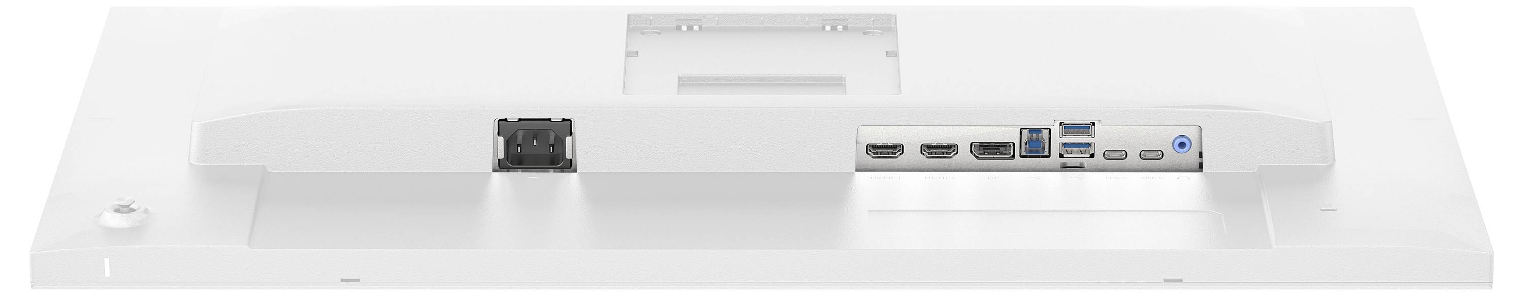 Ein weißer Monitor-Rückpanel, das verschiedene Anschlüsse zeigt: Stromverbinder, zwei HDMI-Anschlüsse, ein DisplayPort, zwei USB-Anschlüsse und eine Audiobuchse.