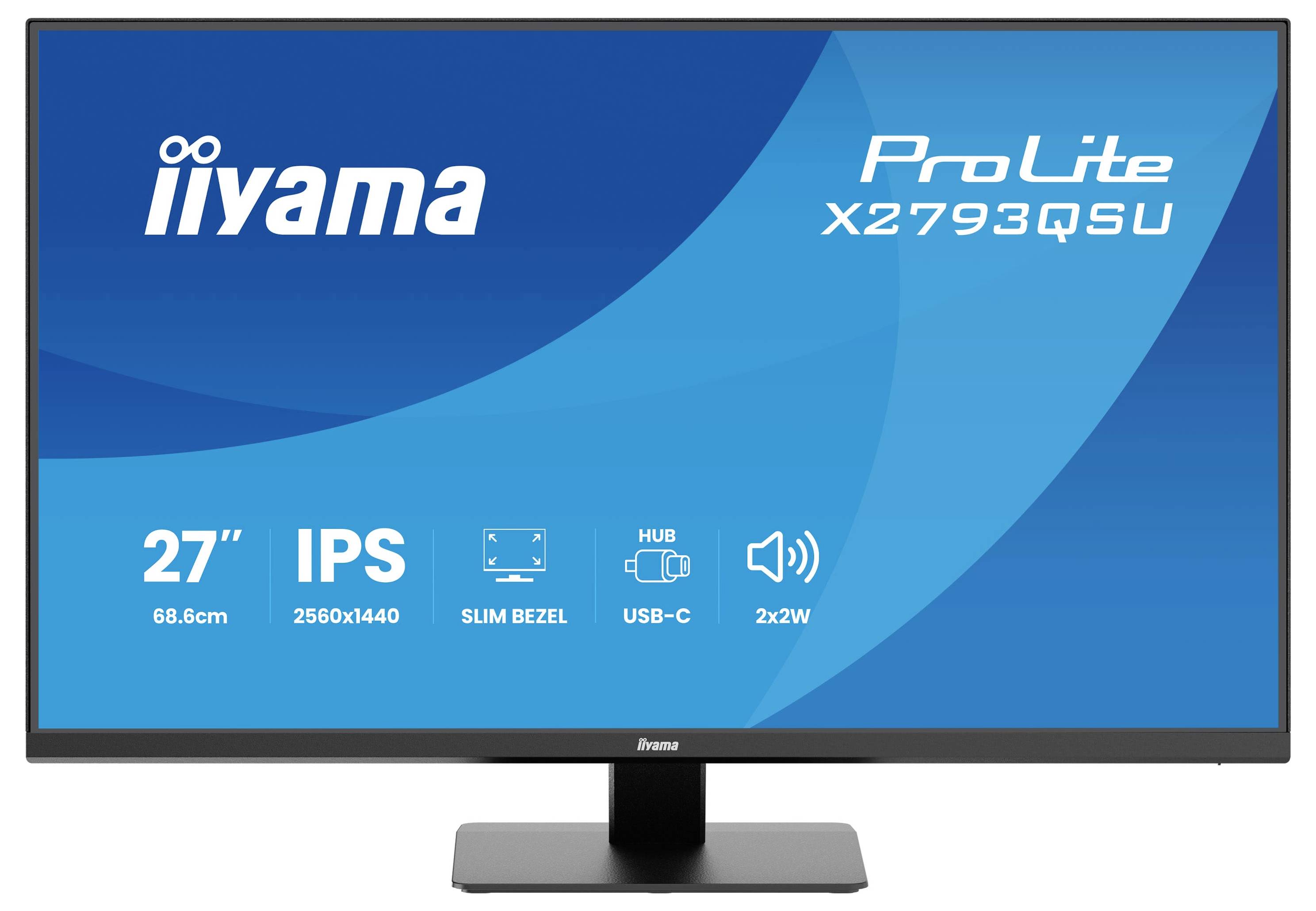 Computermonitor mit Modell 'iiyama ProLite X2793QSU' mit folgenden Funktionen: 27 Zoll, IPS, 2560x1440 Auflösung, schmaler Rahmen, USB-C, 2x 2W Lautsprecher.