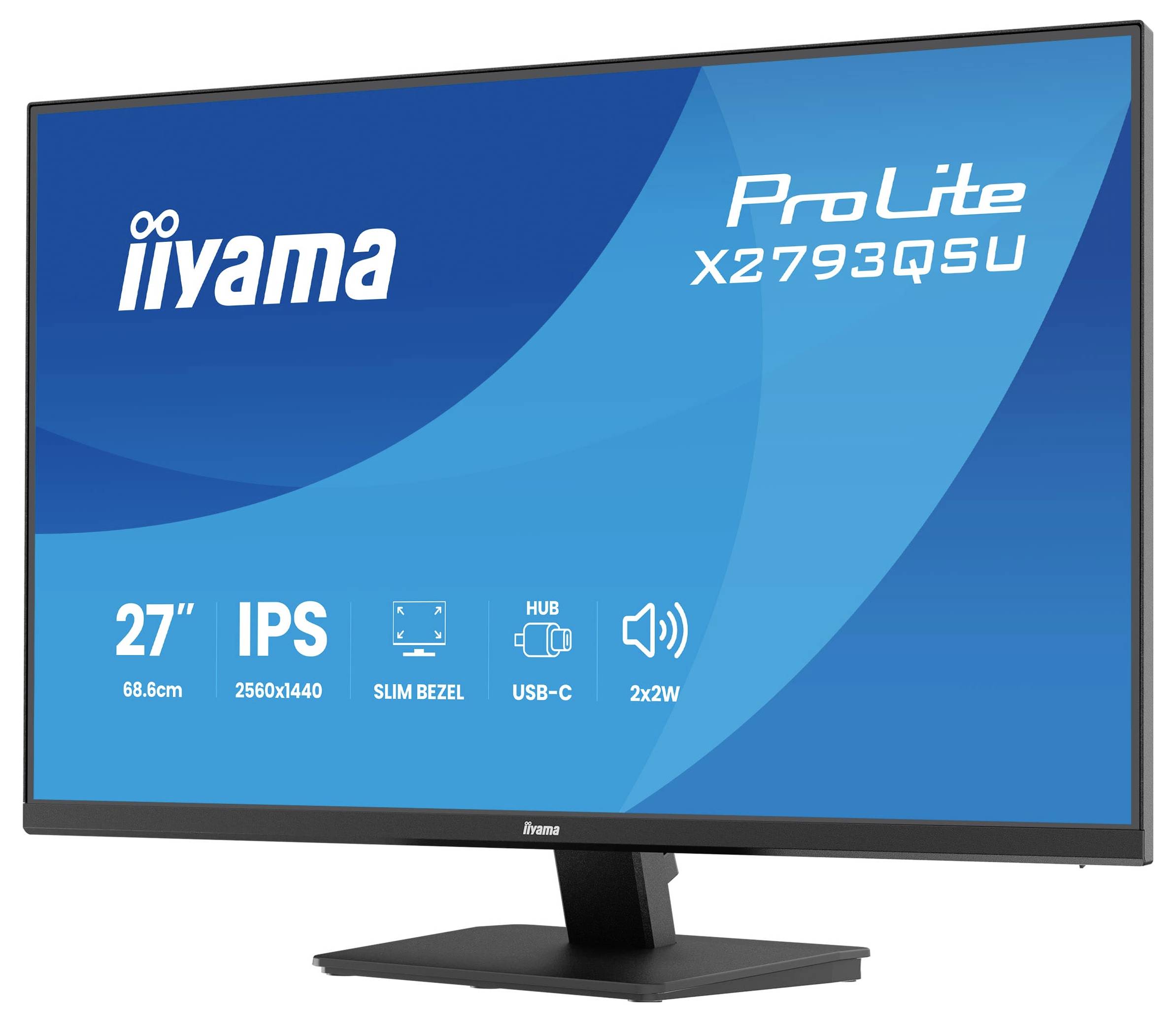 Das Bild zeigt einen iiyama ProLite X2793QSU Monitor mit 27-Zoll-Display, IPS-Technologie, 2560x1440 Auflösung, USB-C und 2x2W Lautsprechern.