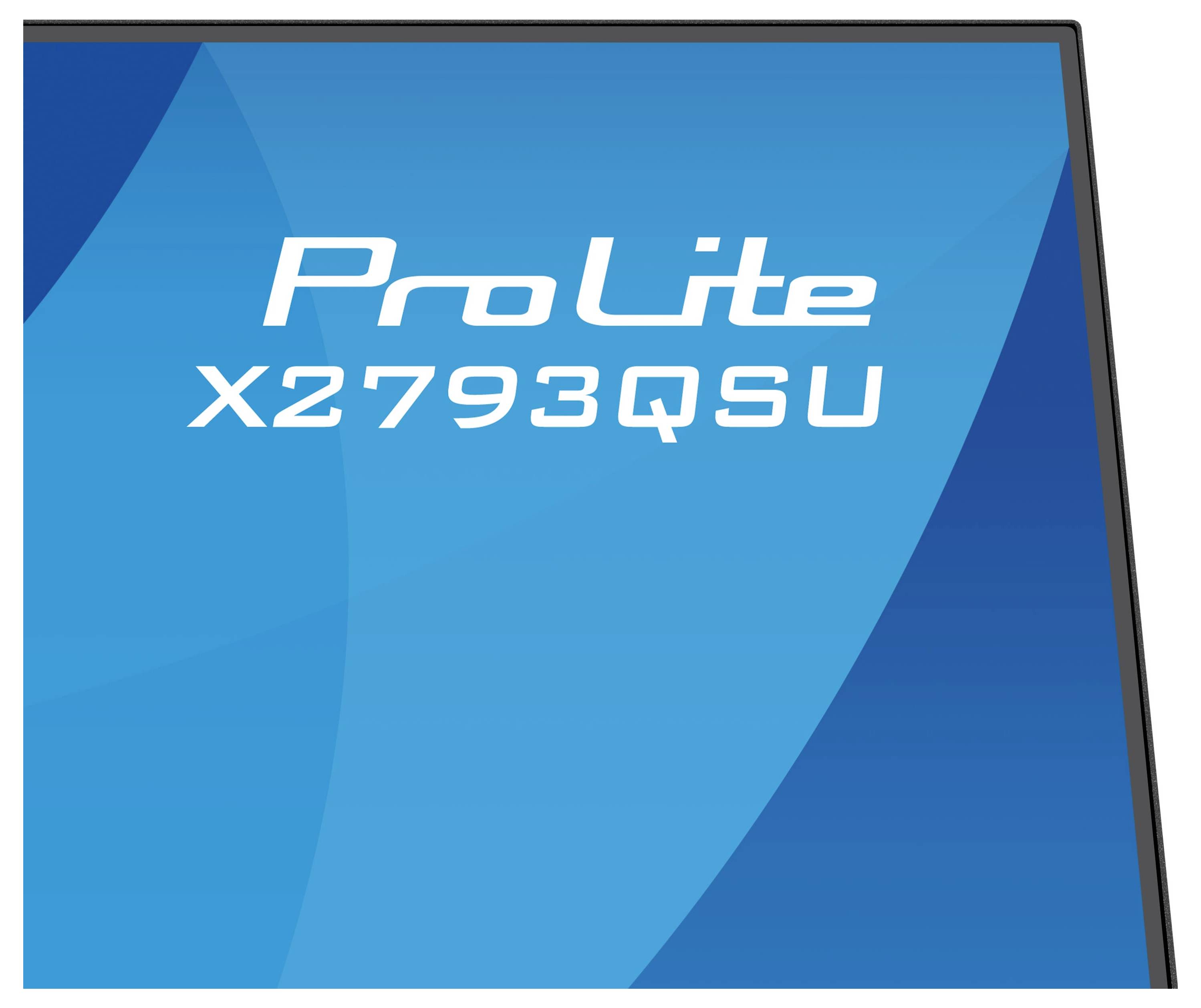Eine Nahaufnahme eines blauen Bildschirms, auf dem der Text 'ProLite X2793QSU' angezeigt wird.