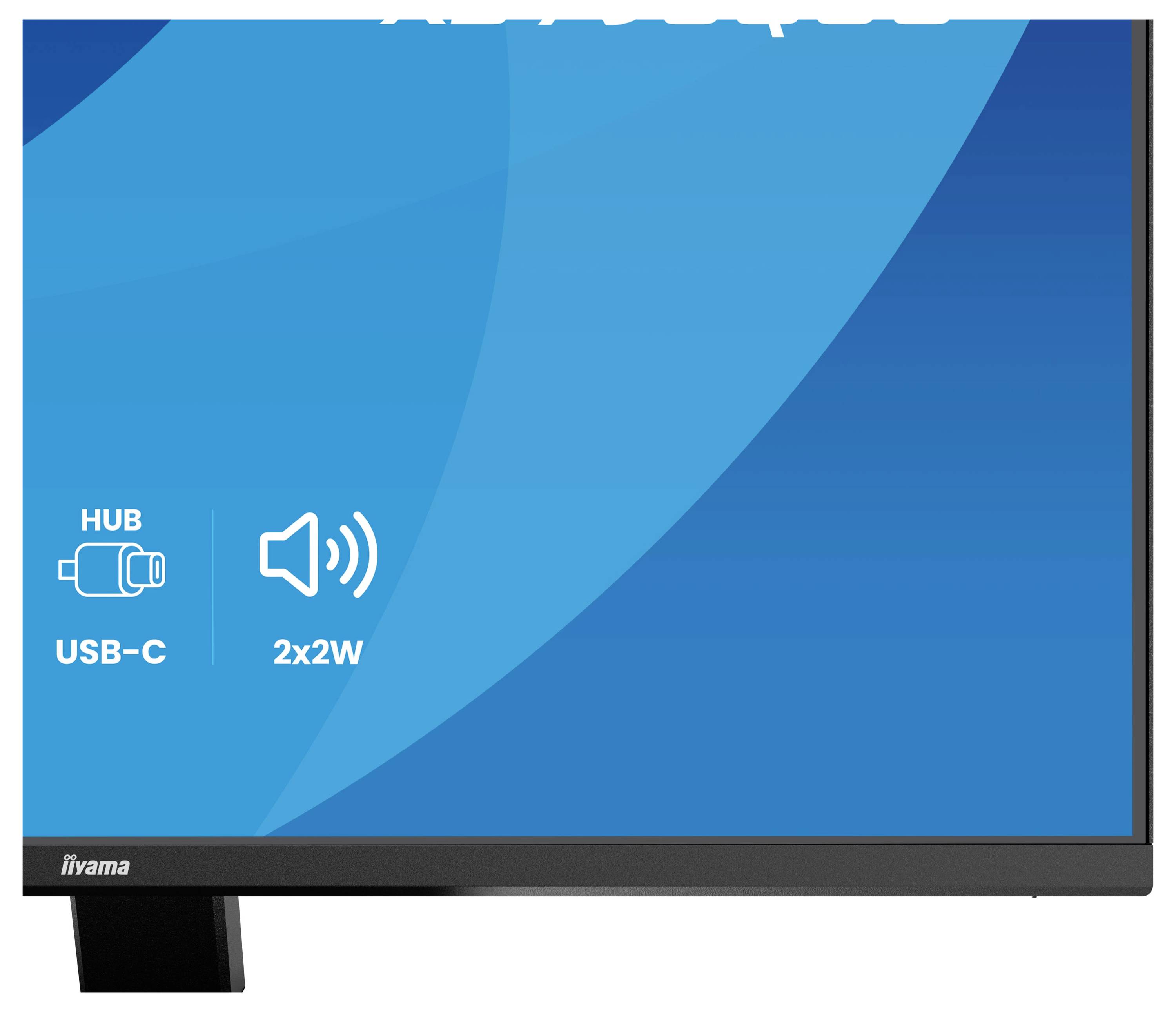 Monitor-Bildschirm mit blauem Hintergrund, der Symbole für „USB-C Hub