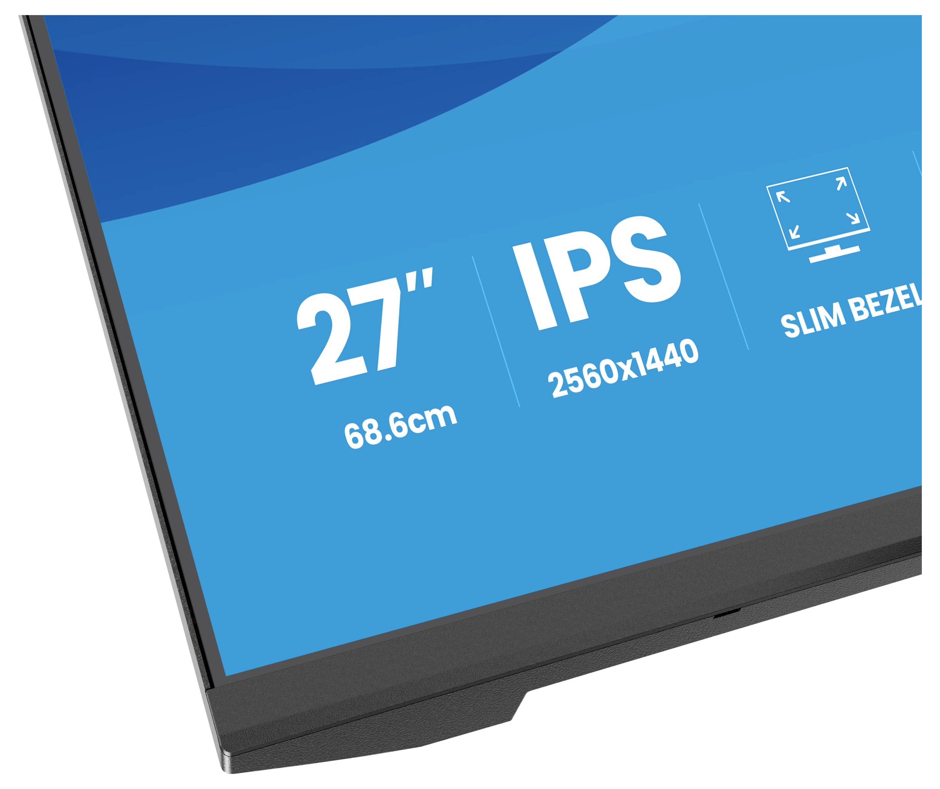 Ein Teilbild eines Computermonitorbildschirms zeigt folgende Spezifikationen: '27