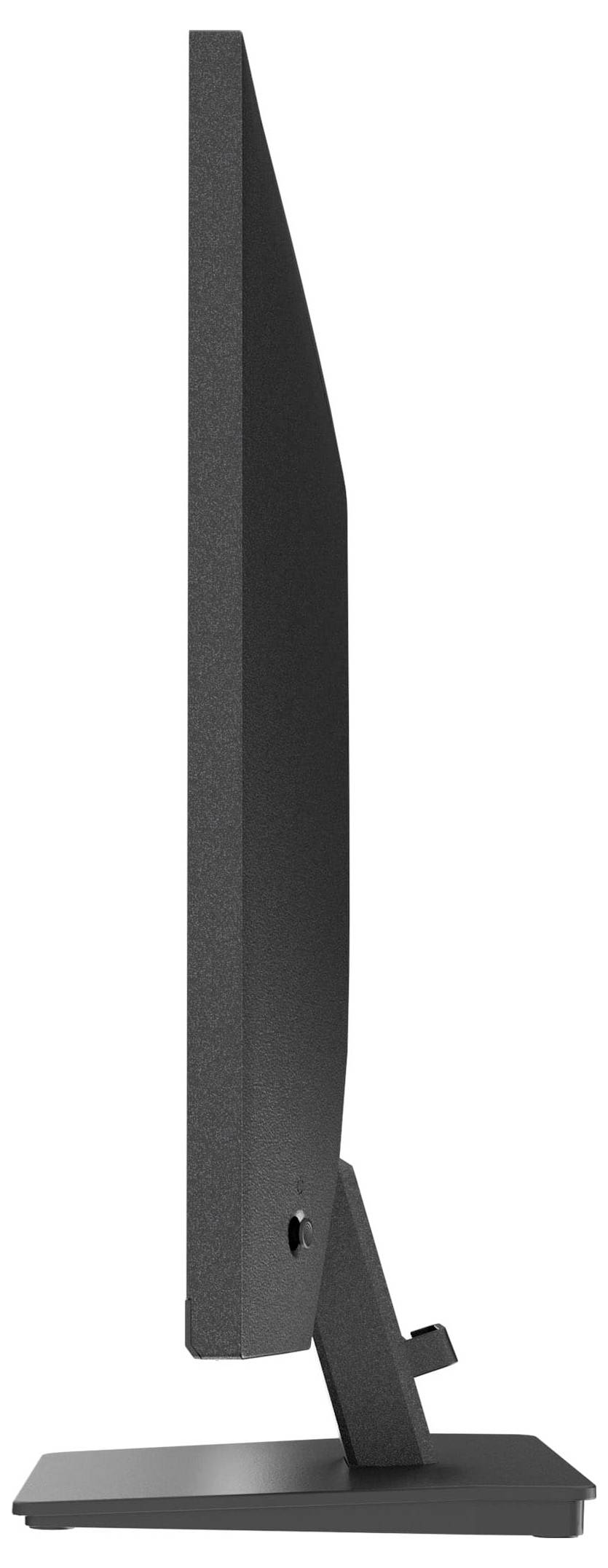 Seitenansicht eines dünnen, schwarzen Computermonitors auf einem Ständer, die sein schlankes Designprofil veranschaulicht.