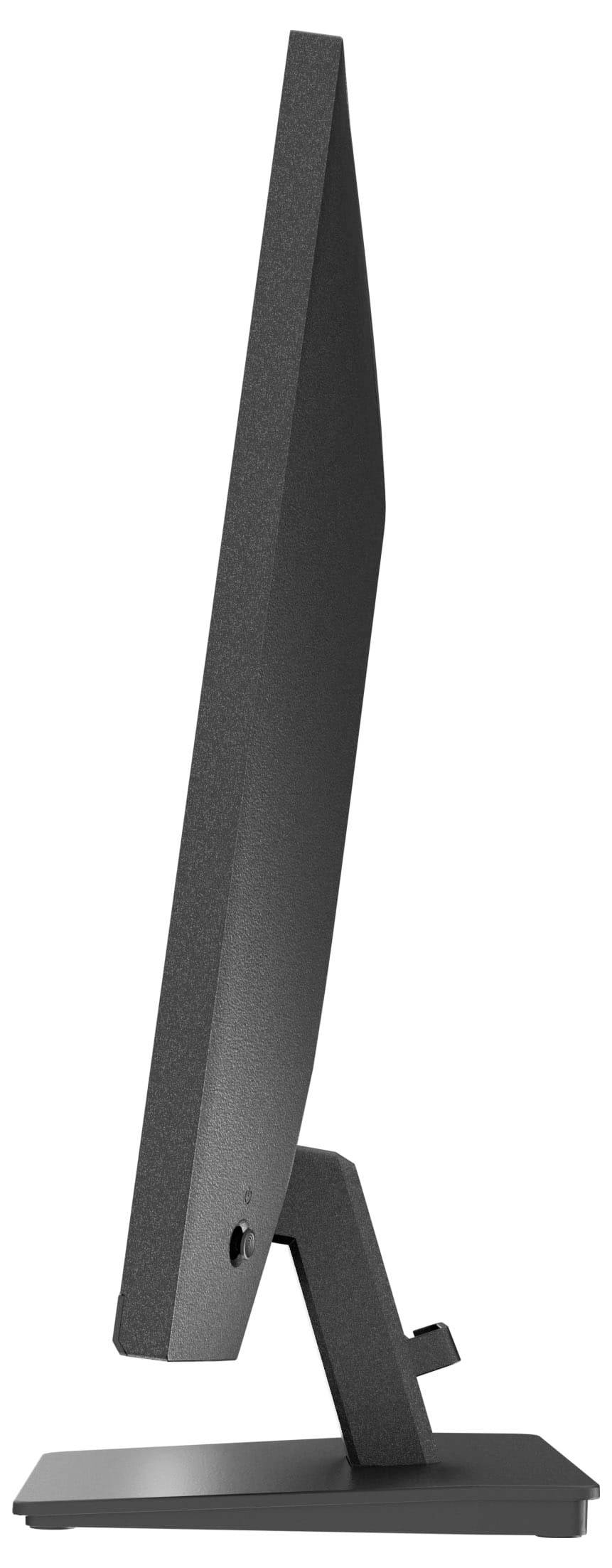 Seitenansicht eines eleganten, modernen Computermonitors mit dünnem, schwarzem Rahmen und kantigem Ständer.