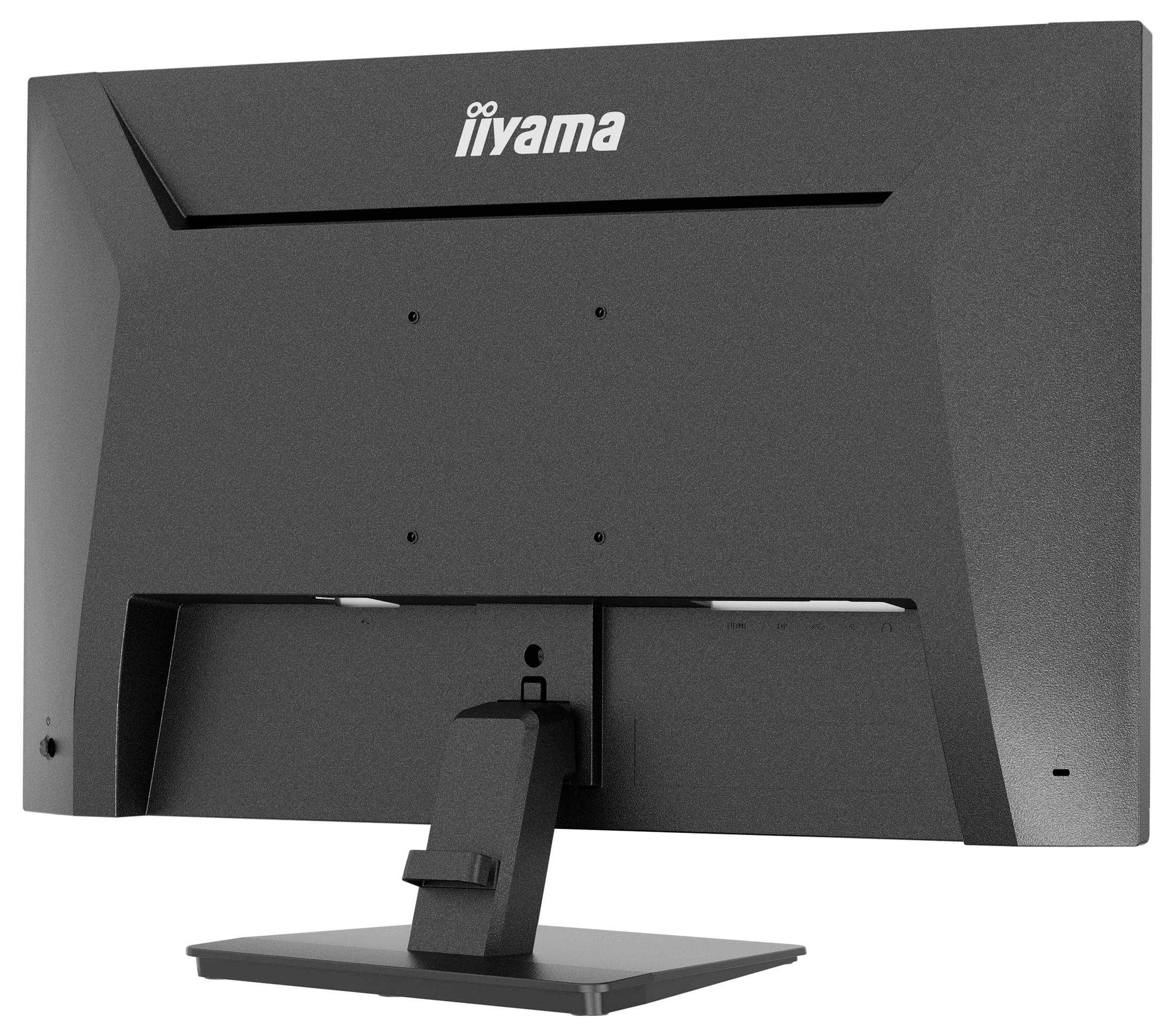 Das Bild zeigt die Rückansicht eines schwarzen Computermonitors mit einem stabilen Ständer und einem Logo in der Mitte oben.