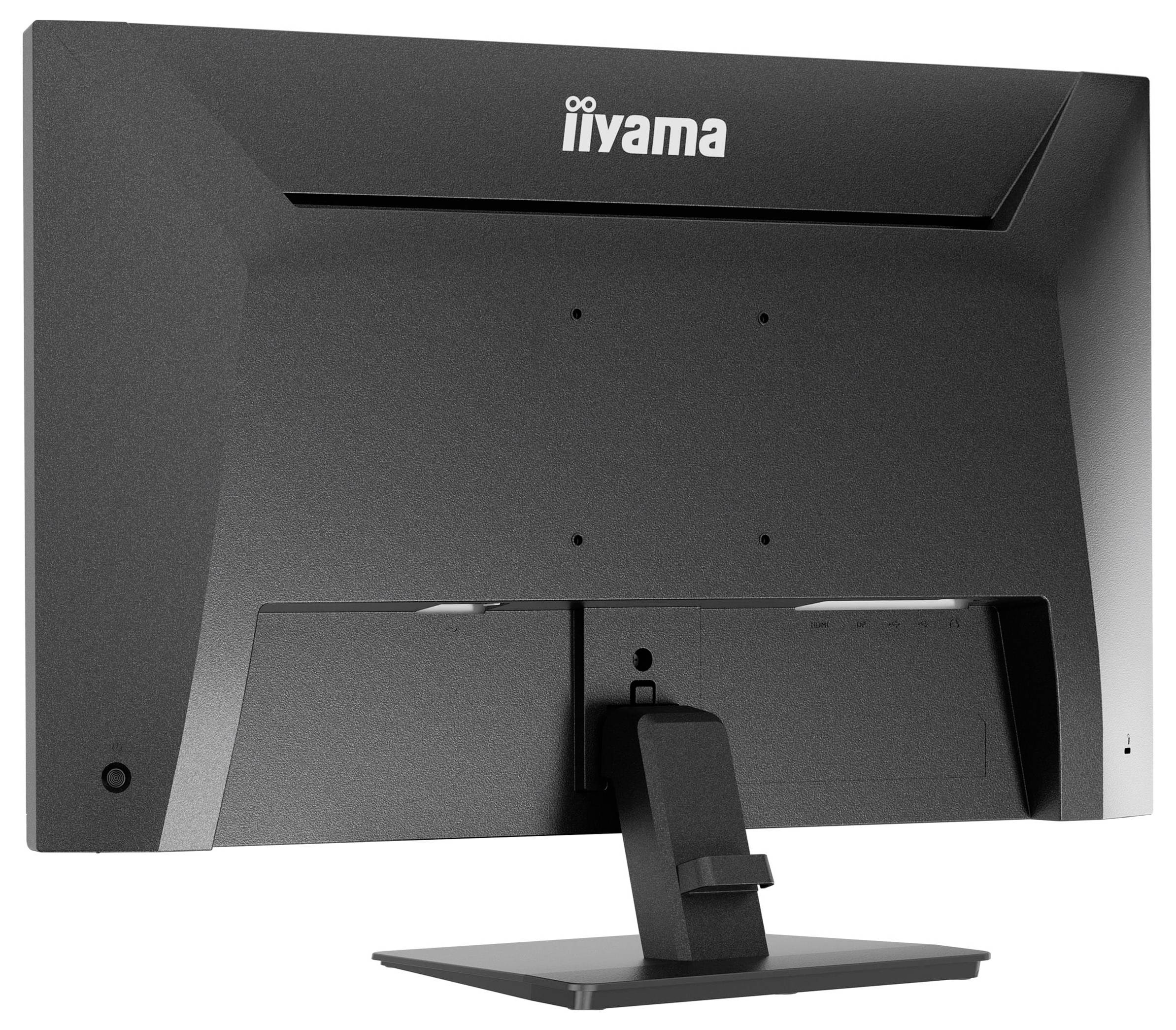 Ein schwarzer Computermonitor von hinten betrachtet, der einen Ständer und VESA-Befestigungslöcher zeigt. Das Markenlogo „iiyama