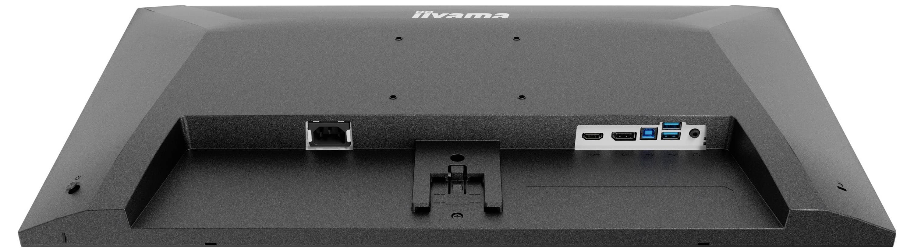 Ein schwarzer Breitbild-Monitor von hinten betrachtet, mit Anschlüssen wie USB und HDMI, konzipiert für die Wandmontage.