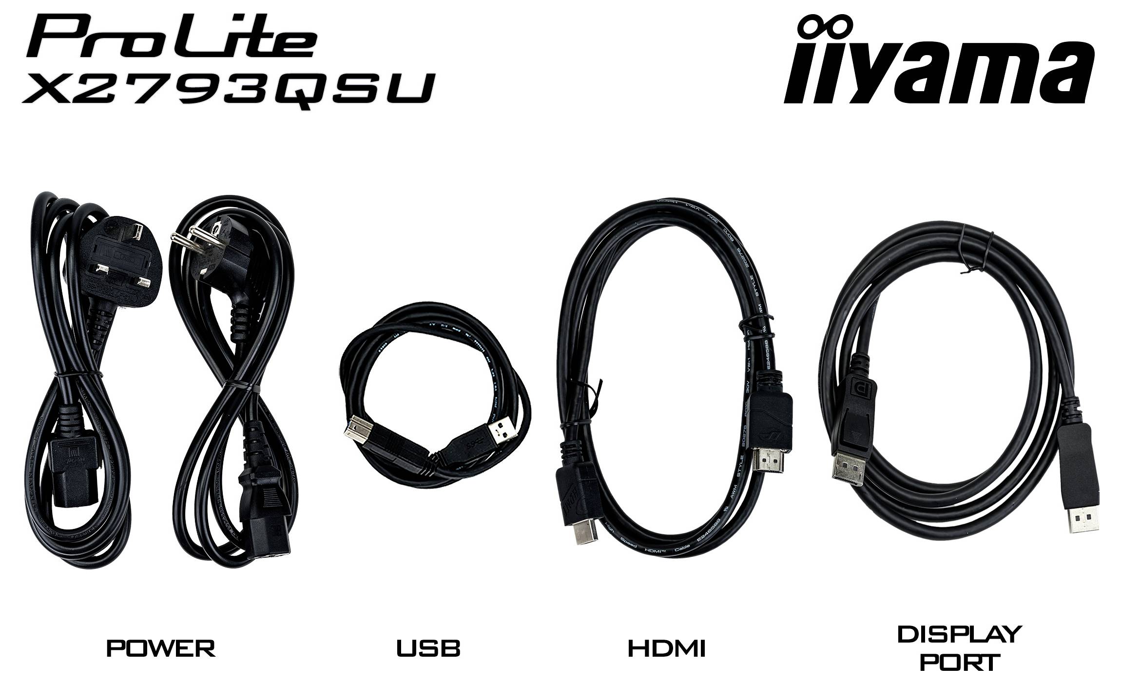 ProLite XB2797QSU iiyama-Monitorka­bel: Stromversorgung, DisplayPort, HDMI, USB-A von links nach rechts angeordnet.