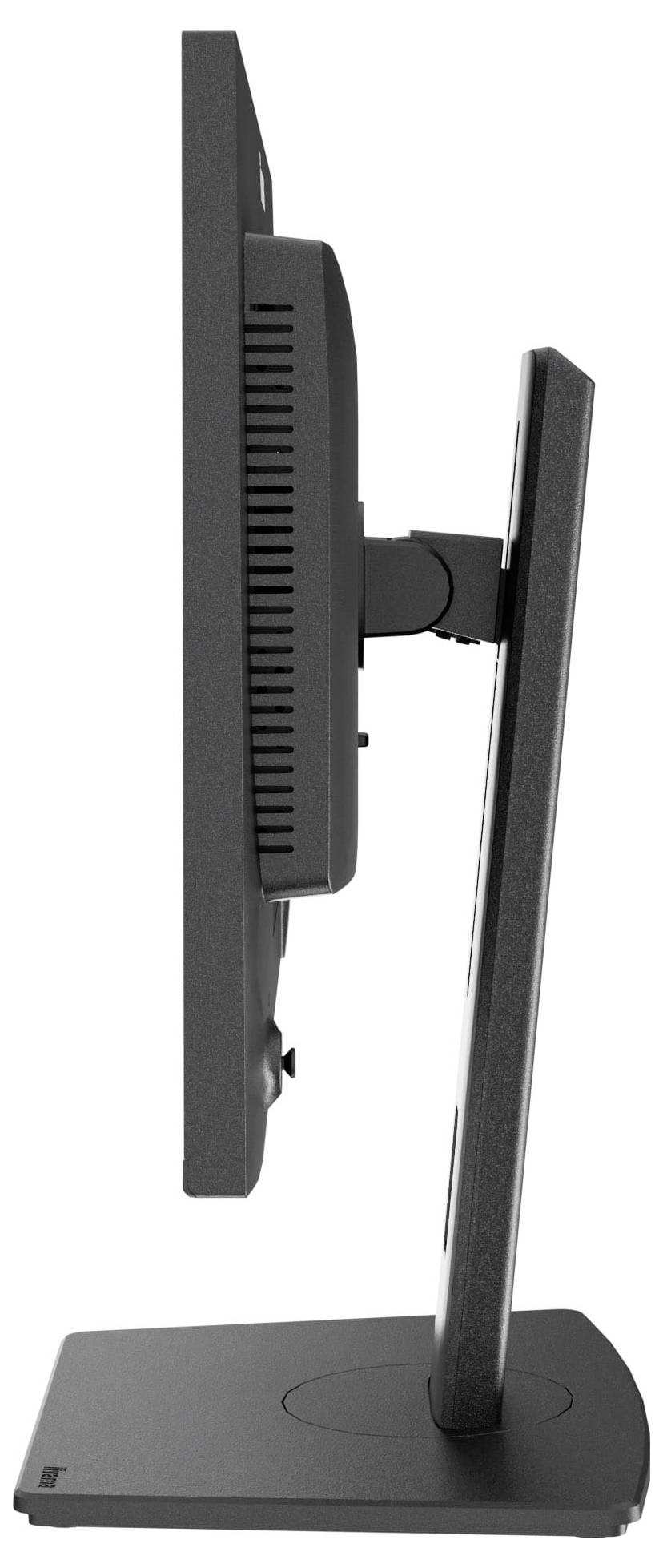Eine Seitenansicht eines Flachbildschirms auf einem Ständer, die sein dünnes Profil und den verstellbaren Kippsmechanismus zeigt.