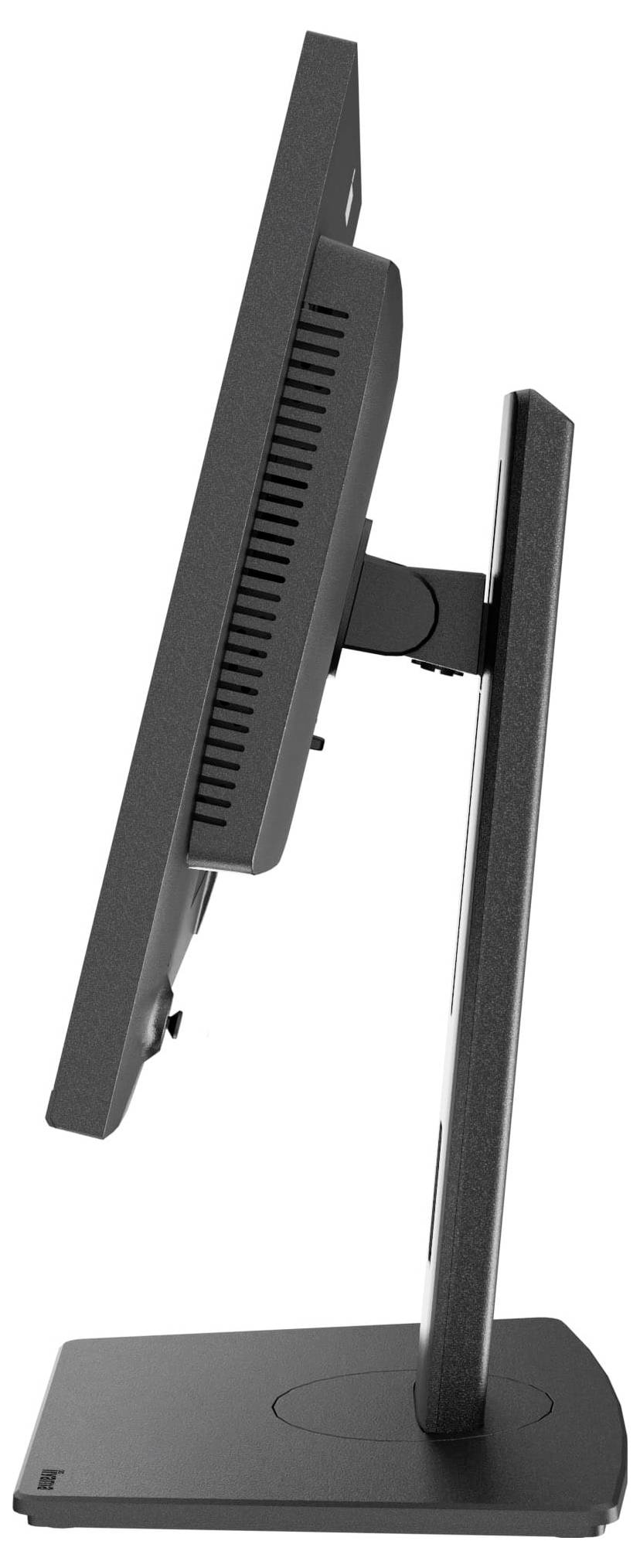 Seitenansicht eines modernen Computermonitors mit verstellbarem Ständer, die sein dünnes Profil und seine Möglichkeit zur Winkelpositionierung zeigt.