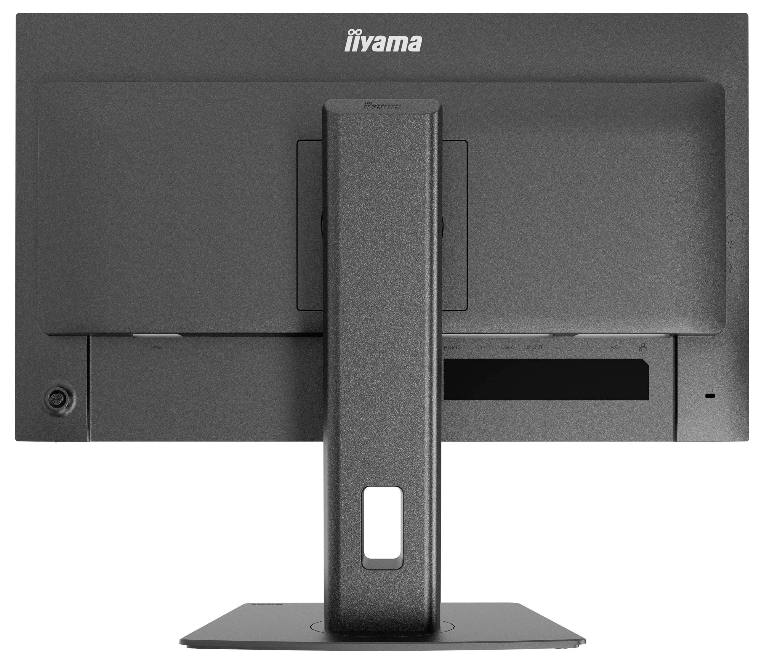 Ein Monitor mit rechteckigem Ständer, von hinten betrachtet, mit einem Markenlogo oben und sichtbaren Anschlussleisten.