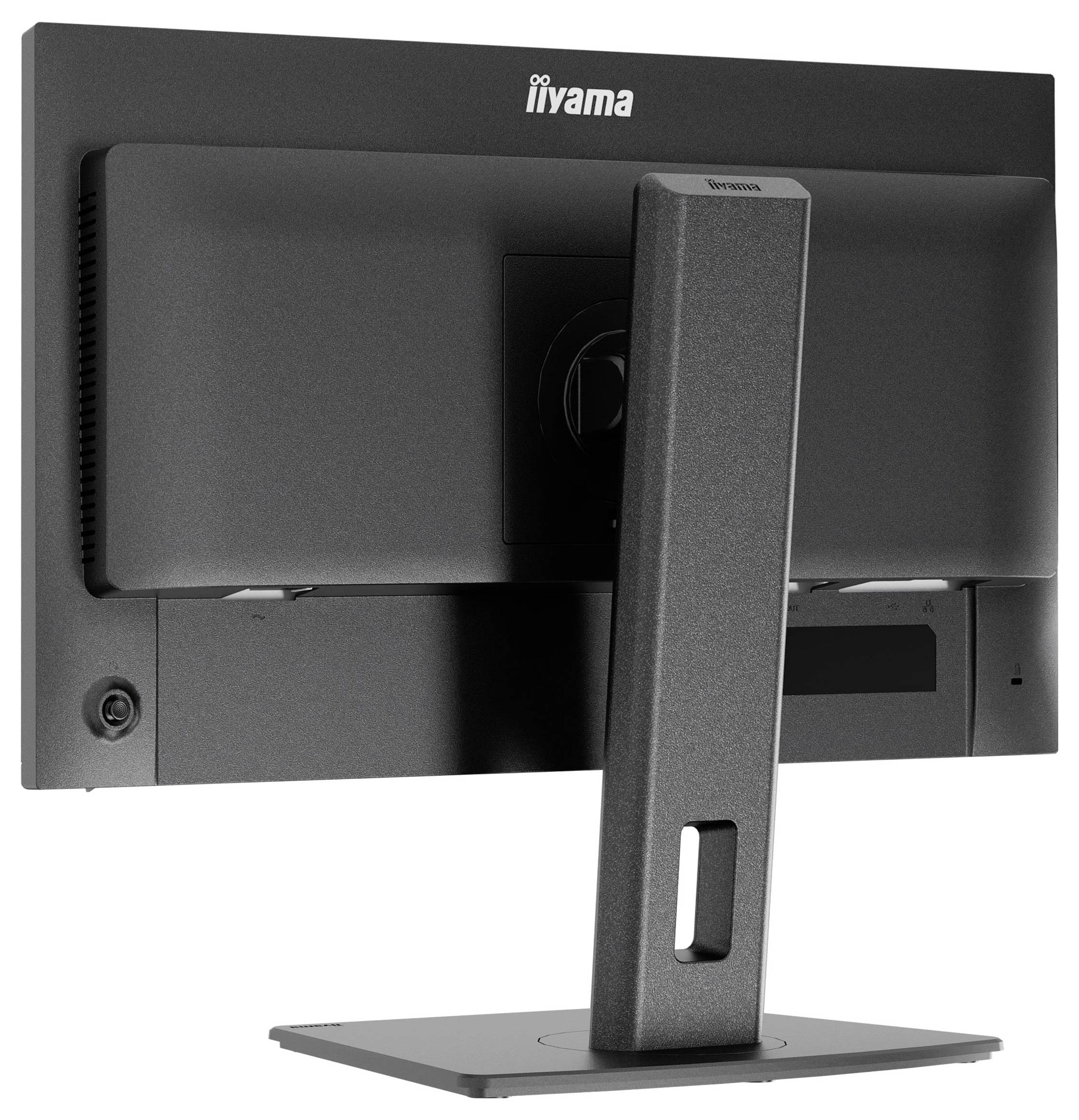 Ein schwarzer Computermonitor von hinten betrachtet, der seinen verstellbaren Ständer und die Kabelmanagement-Funktion zeigt. Das Markenlogo ist oben sichtbar.