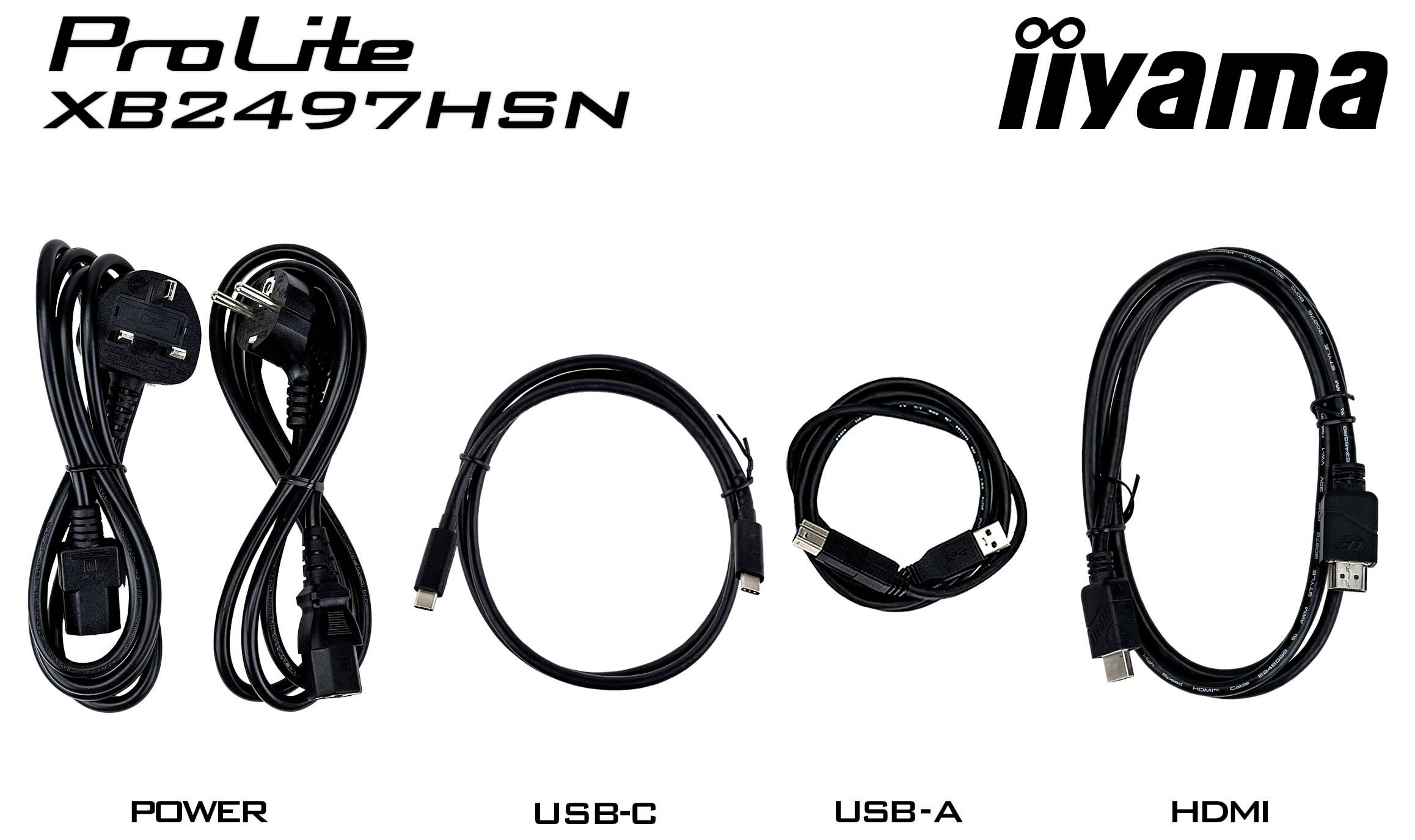 'ProLite XB2497HSN' vier Kabel mit Beschriftungen: Stromversorgung, USB-C, USB-A und HDMI, von links nach rechts angeordnet, iiyama-Logo oben.
