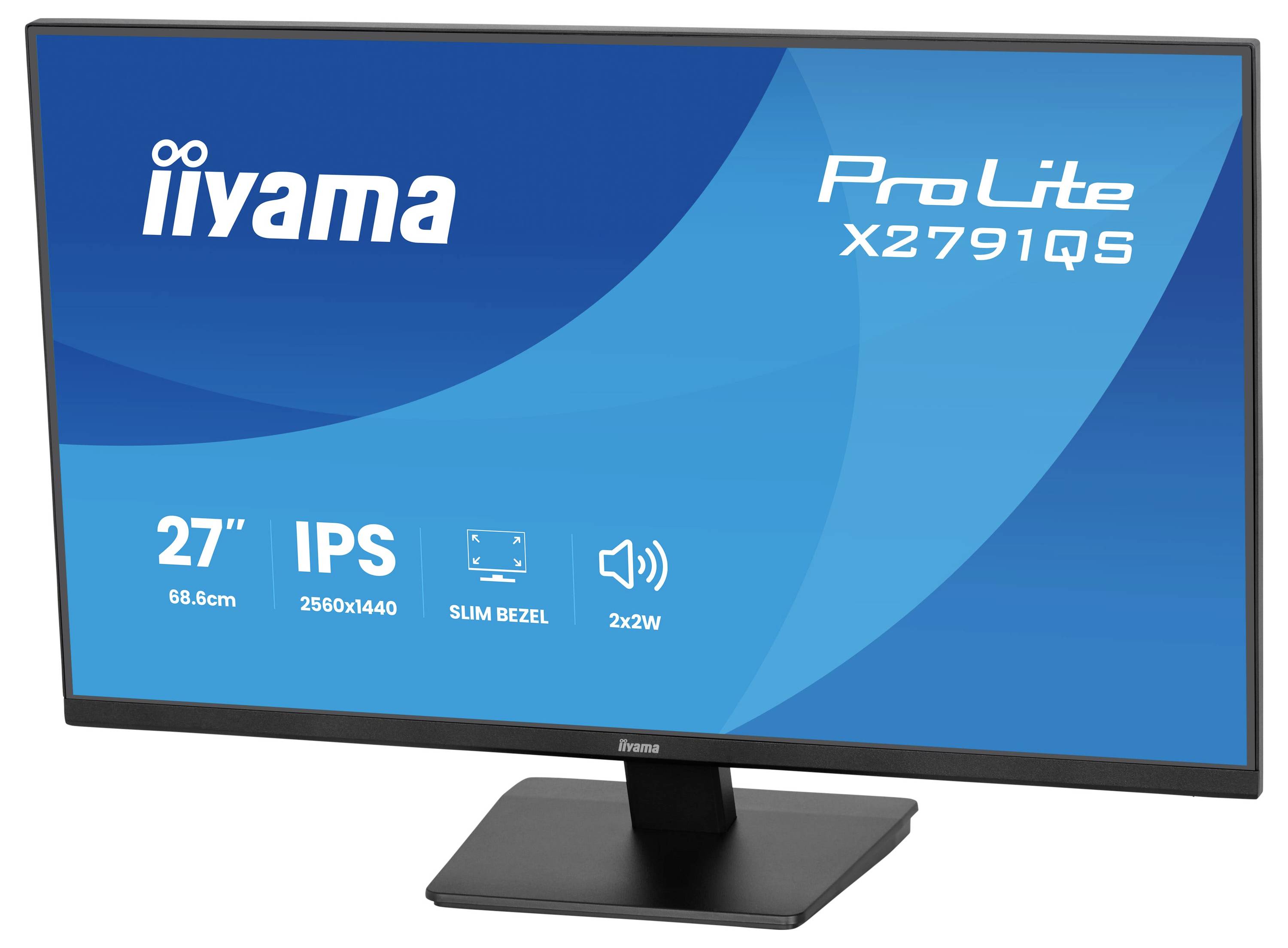 Schwarzer 27-Zoll iiyama ProLite X2791QS Monitor mit 2560x1440 Auflösung, IPS-Panel, schmalen Rändern und 2x2W-Lautsprechern.