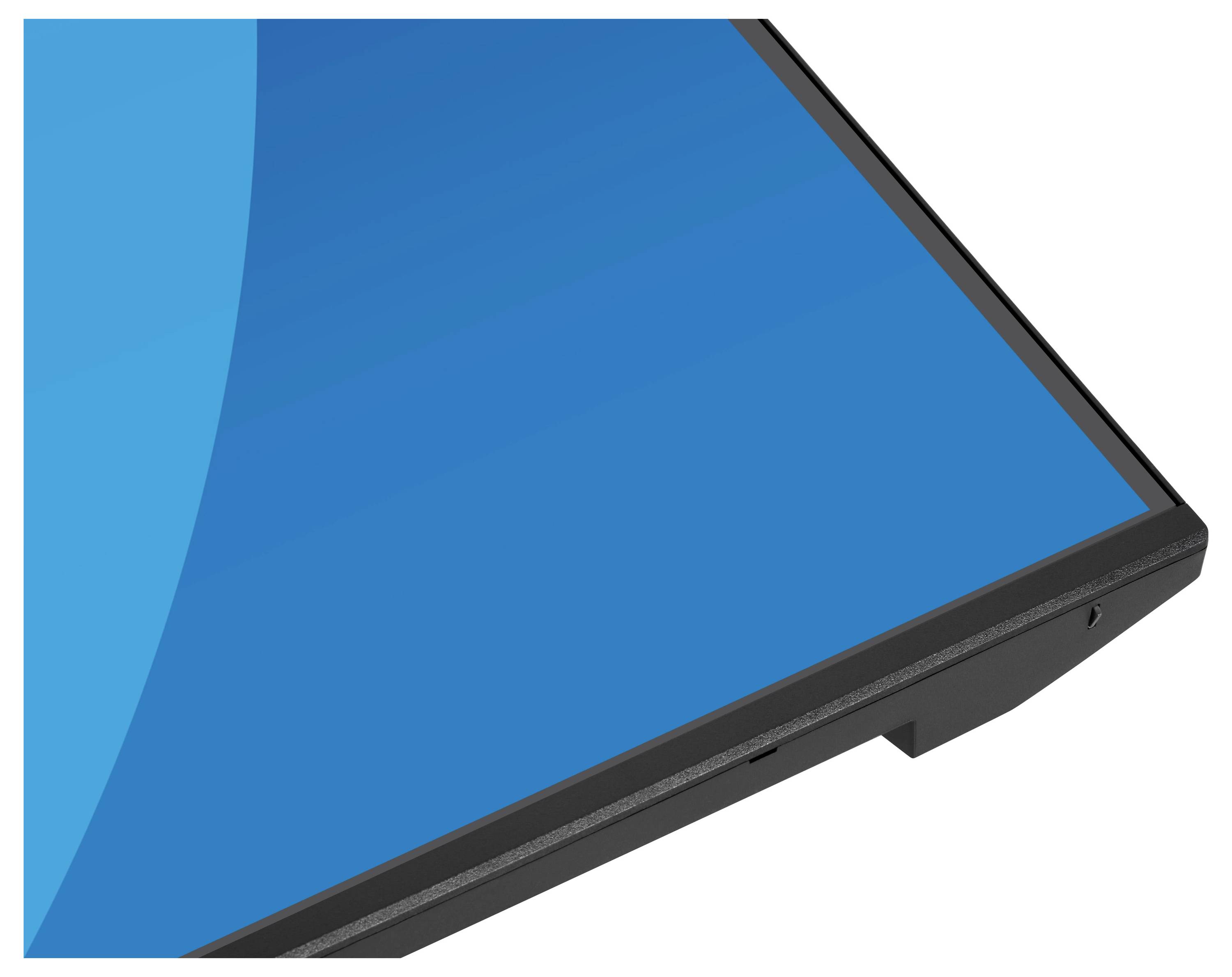 Nahaufnahme einer dünnen schwarzen Monitorblende, die einen blauen Bildschirm umrahmt, mit minimalem und schlankem Design.