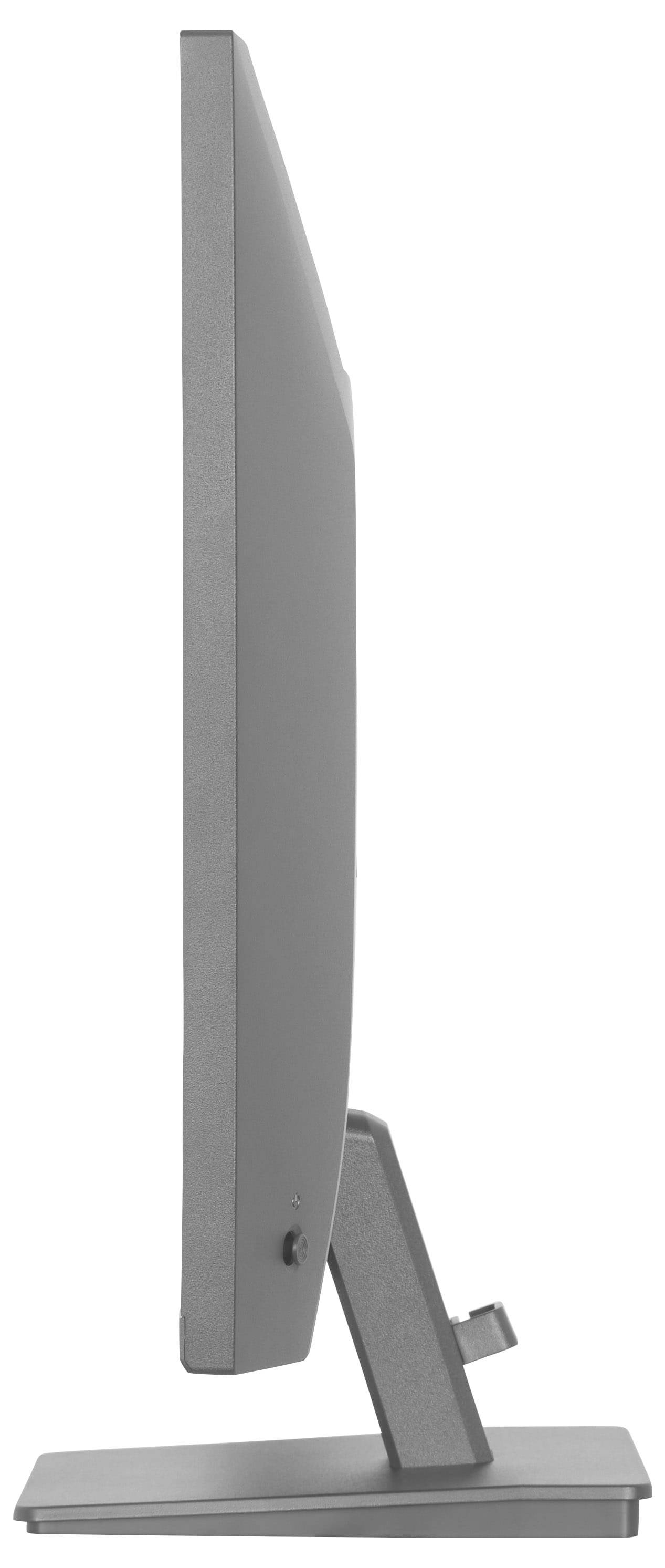 Seitenansicht eines schlanken, modernen Computermonitors auf einem Ständer, der sein dünnes Profil und minimalistisches Design zur Schau stellt.