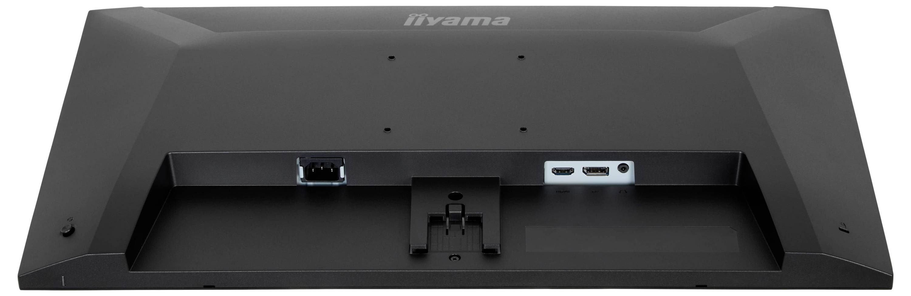 Rückansicht eines Monitors mit Anschlussanschlüssen, einschließlich HDMI und DisplayPort, mit einer integrierten Ständerhalterung in der Mitte.