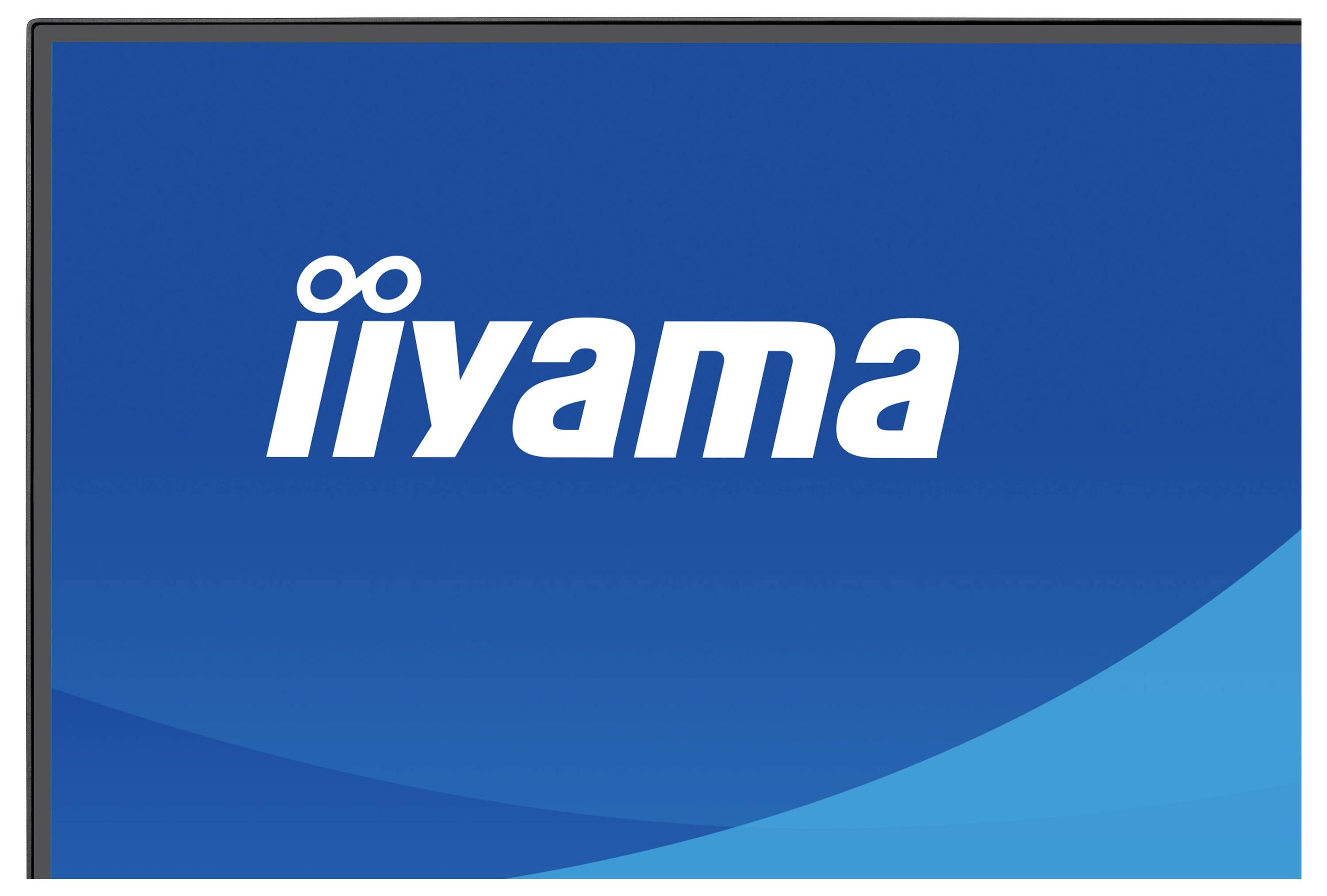 Das Bild zeigt das Logo von iiyama, einer Marke, die vor einem blauen Farbverlauf angezeigt wird.