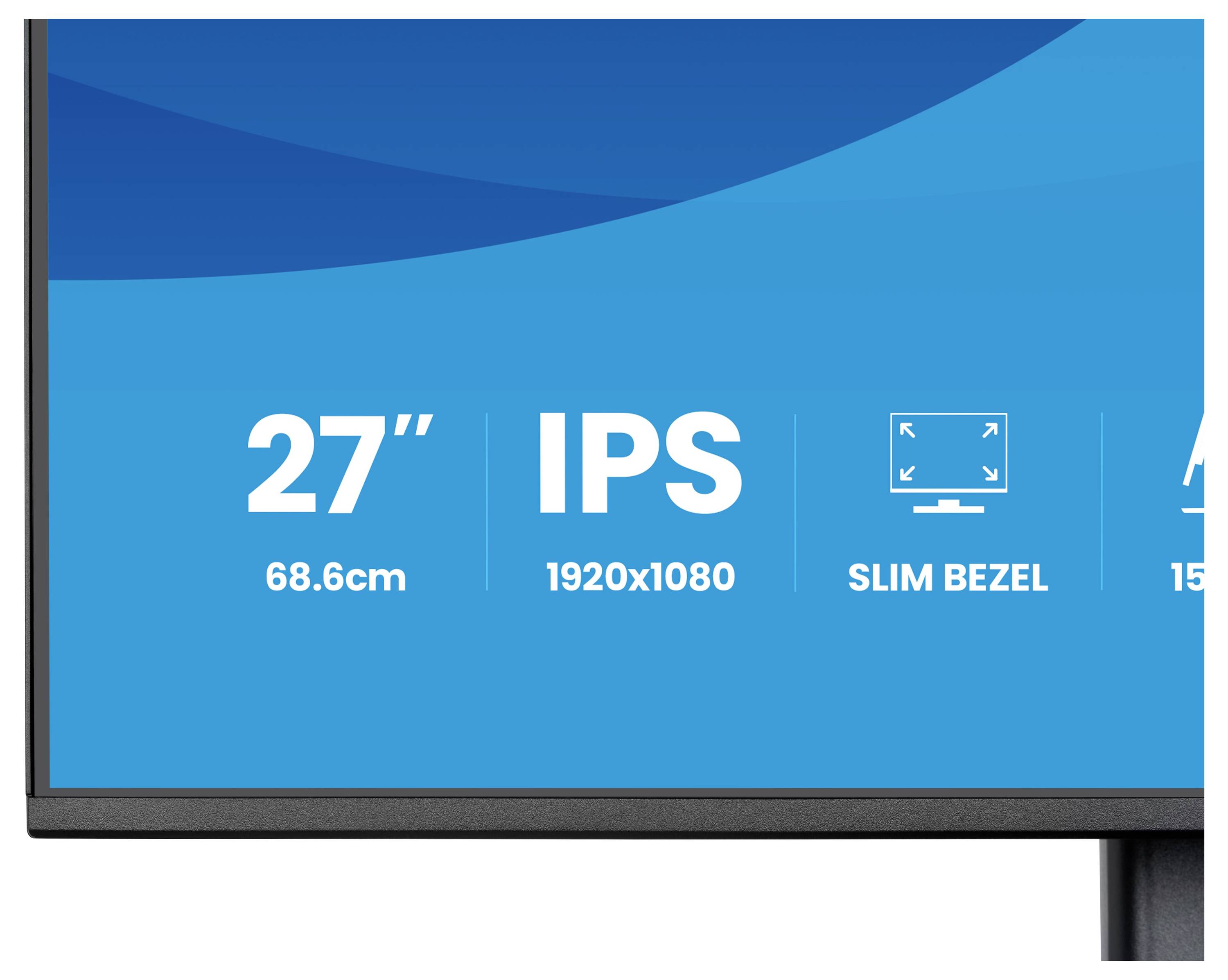 Monitorecke mit angezeigten Spezifikationen: '27-Zoll, 68,6cm, IPS, 1920x1080 Auflösung, schmaler Rahmen.' Blau-weiß-Design mit Symbolen.