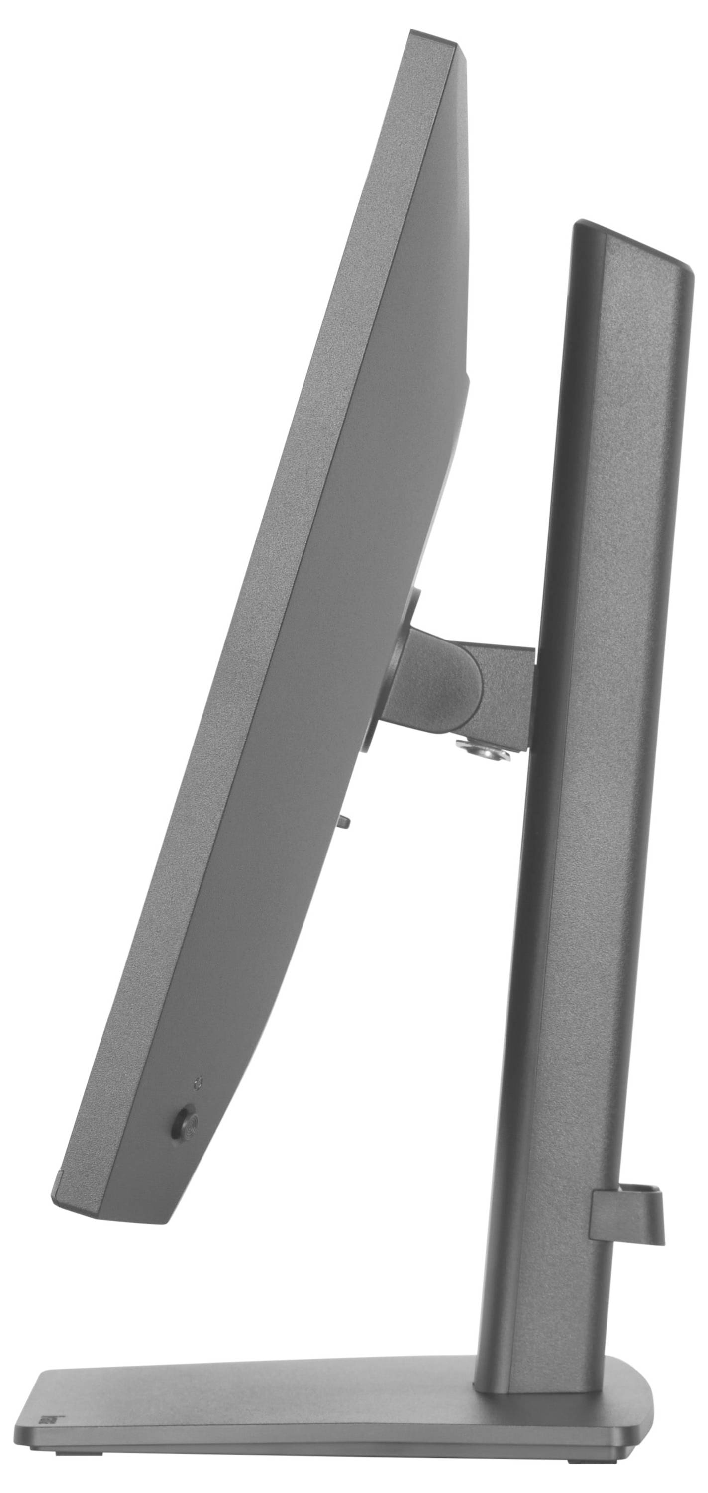 Eine Seitenansicht eines schlanken, modernen Computermonitors mit dünnem Rahmen, montiert auf einem robusten, verstellbaren Ständer.