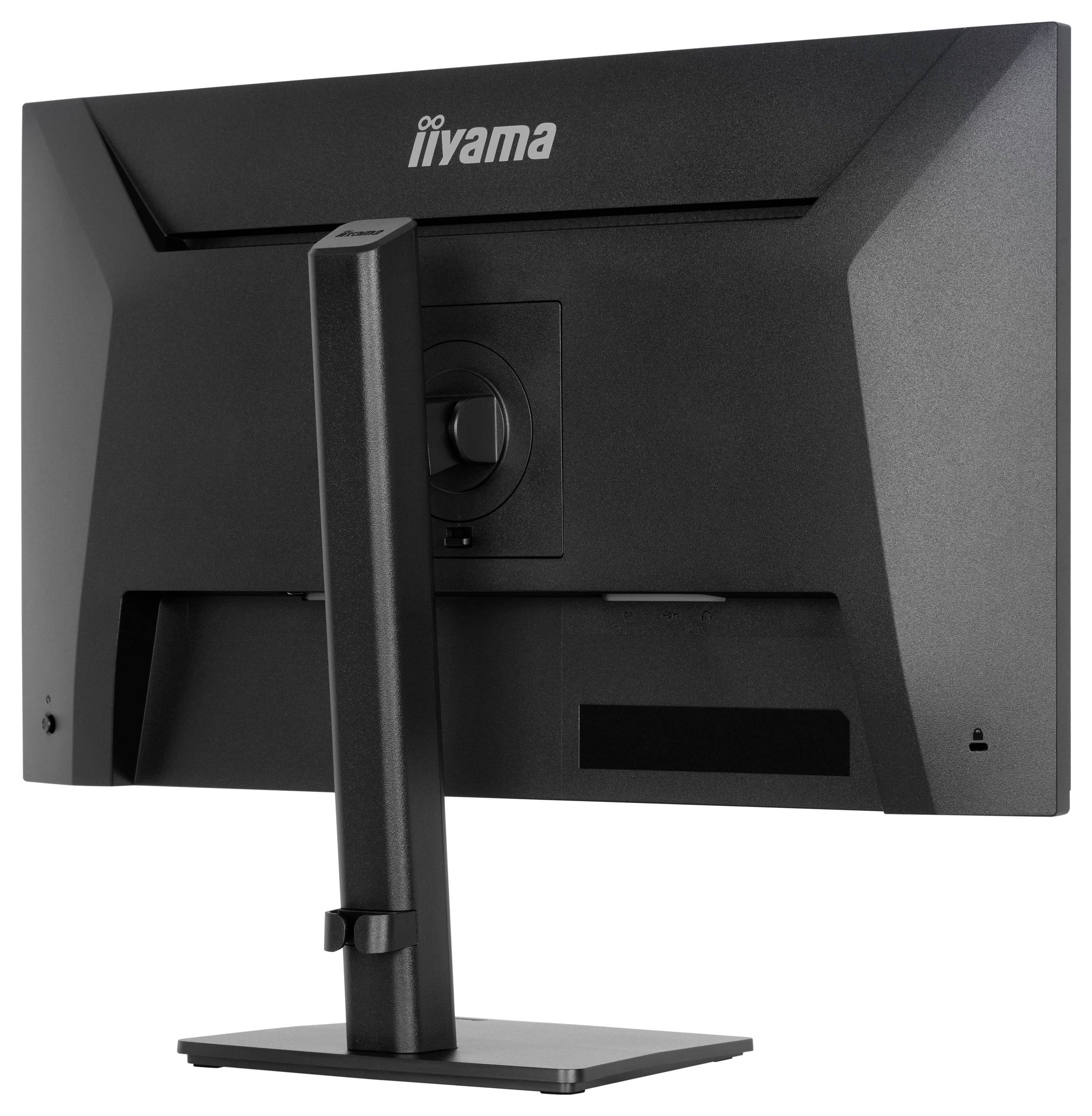 „Rückansicht eines schwarzen Computermonitors auf einem Ständer, auf dem das iiyama-Logo auf der Rückseite zu sehen ist.