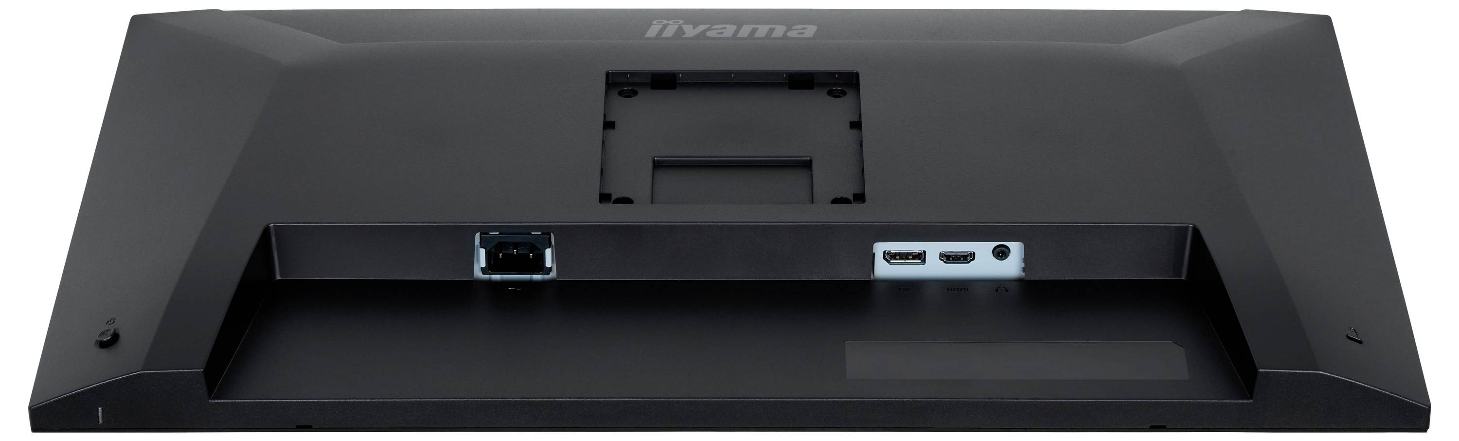 Rückansicht eines Computermonitors mit HDMI- und DVI-Anschlüssen sowie einem Stromversorgungssteckplatz. Montagefläche in der Mitte sichtbar.